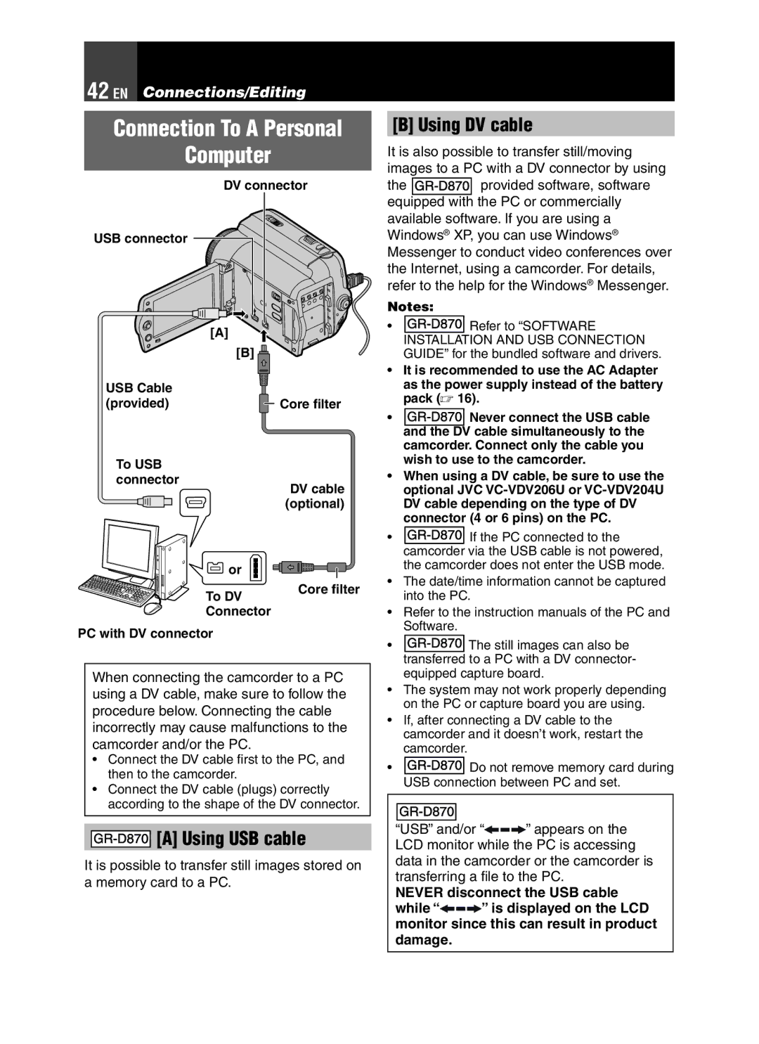 JVC GR-D850 GR-D870 Computer, Using DV cable, DV connector USB connector, Connector DV cable Optional To DV Core ﬁlter 