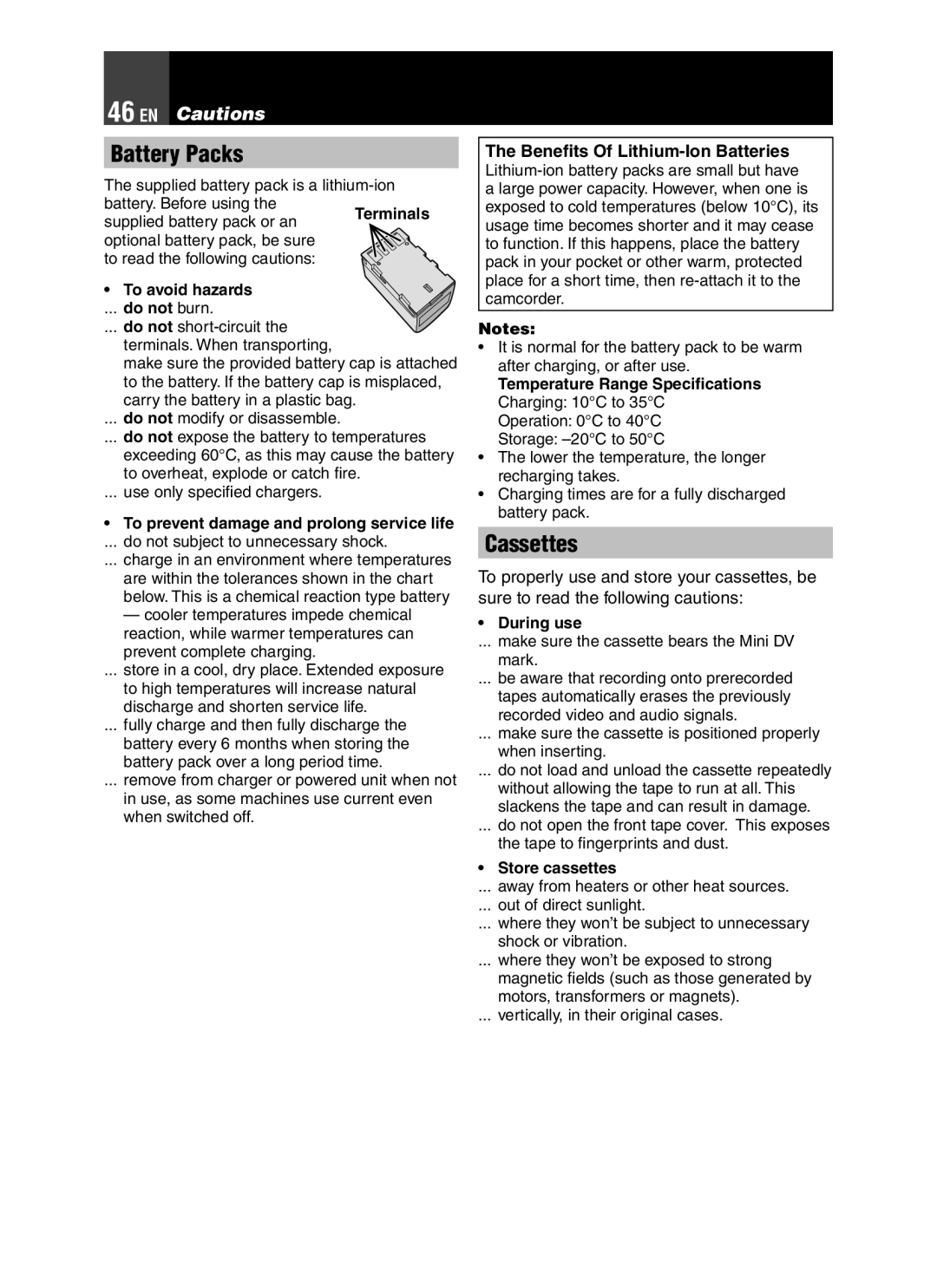 JVC GR-D850 GR-D870 instruction manual Battery Packs, Cassettes, EN Cautions, Beneﬁts Of Lithium-Ion Batteries 