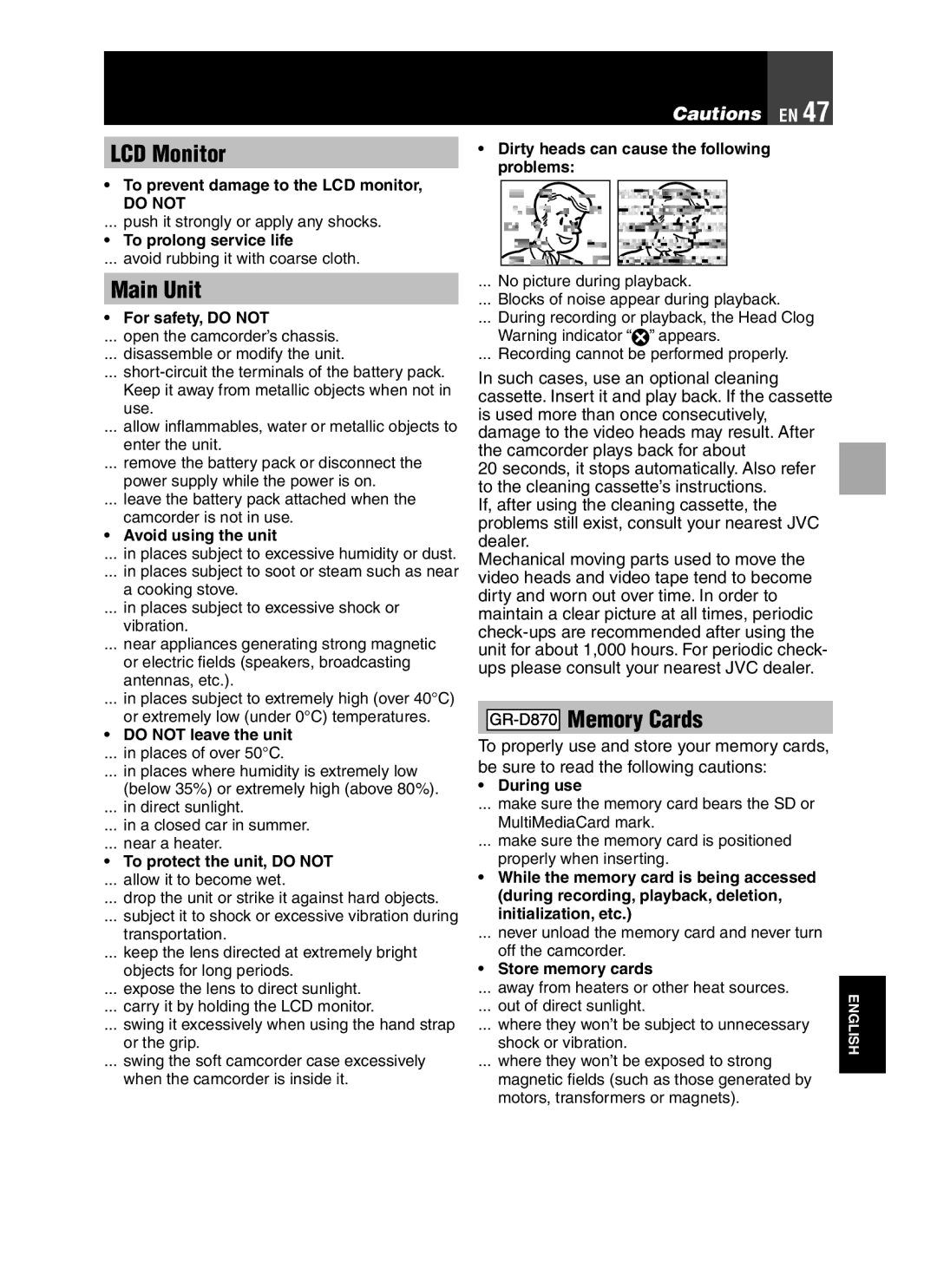 JVC GR-D850 GR-D870 instruction manual LCD Monitor, Main Unit, Memory Cards 