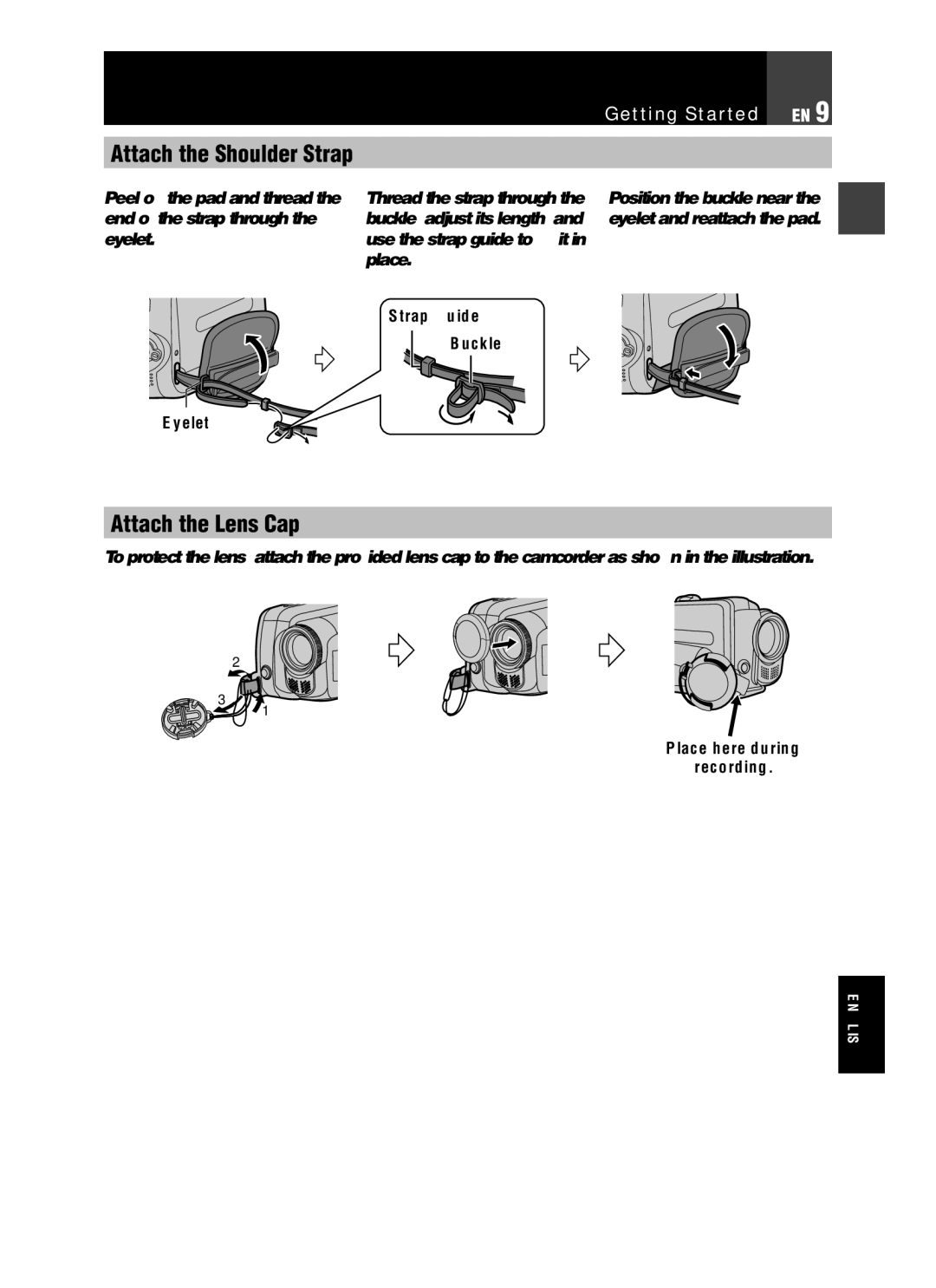 JVC GR-D850 GR-D870 Attach the Shoulder Strap, Attach the Lens Cap, Getting Started, Strap Guide Buckle Eyelet 