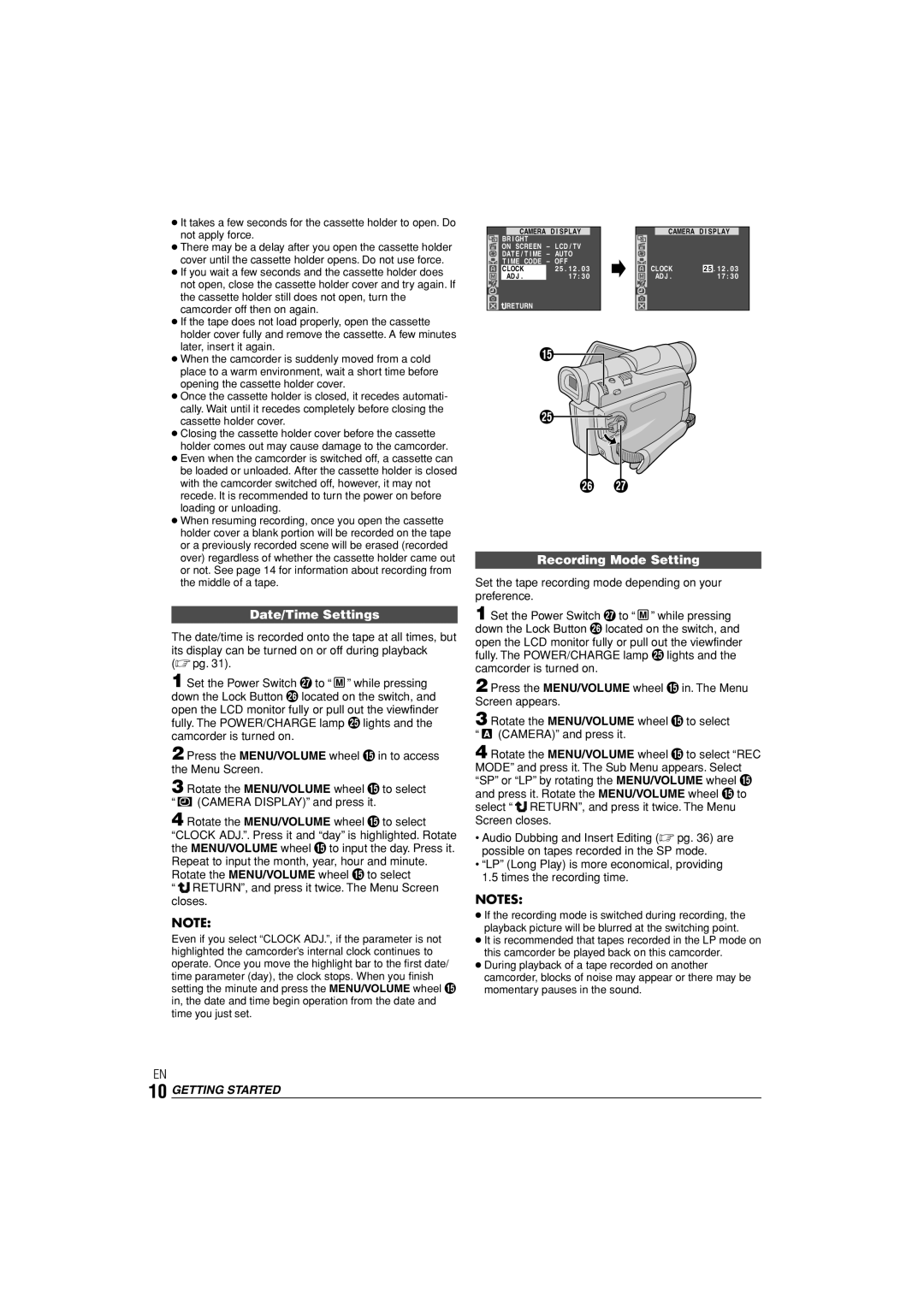 JVC GR-D90 GR-D70 instruction manual Date/Time Settings, Recording Mode Setting, Screen closes 