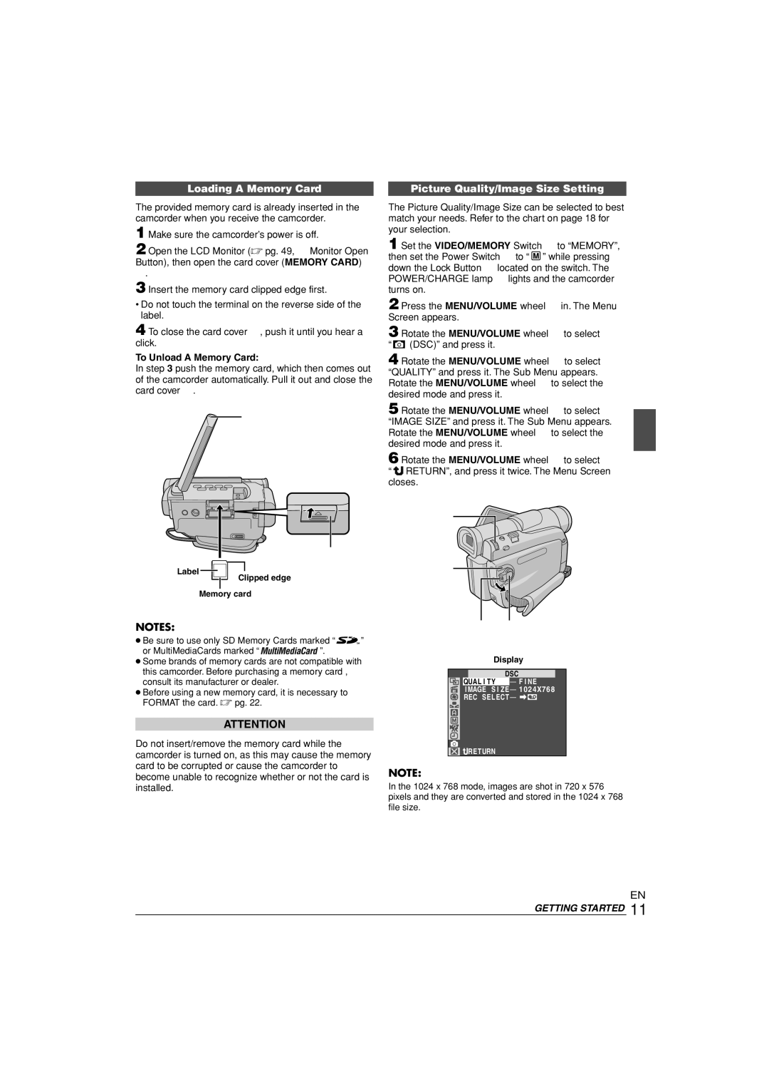 JVC GR-D90 GR-D70 Loading a Memory Card Picture Quality/Image Size Setting, To Unload a Memory Card, Display 