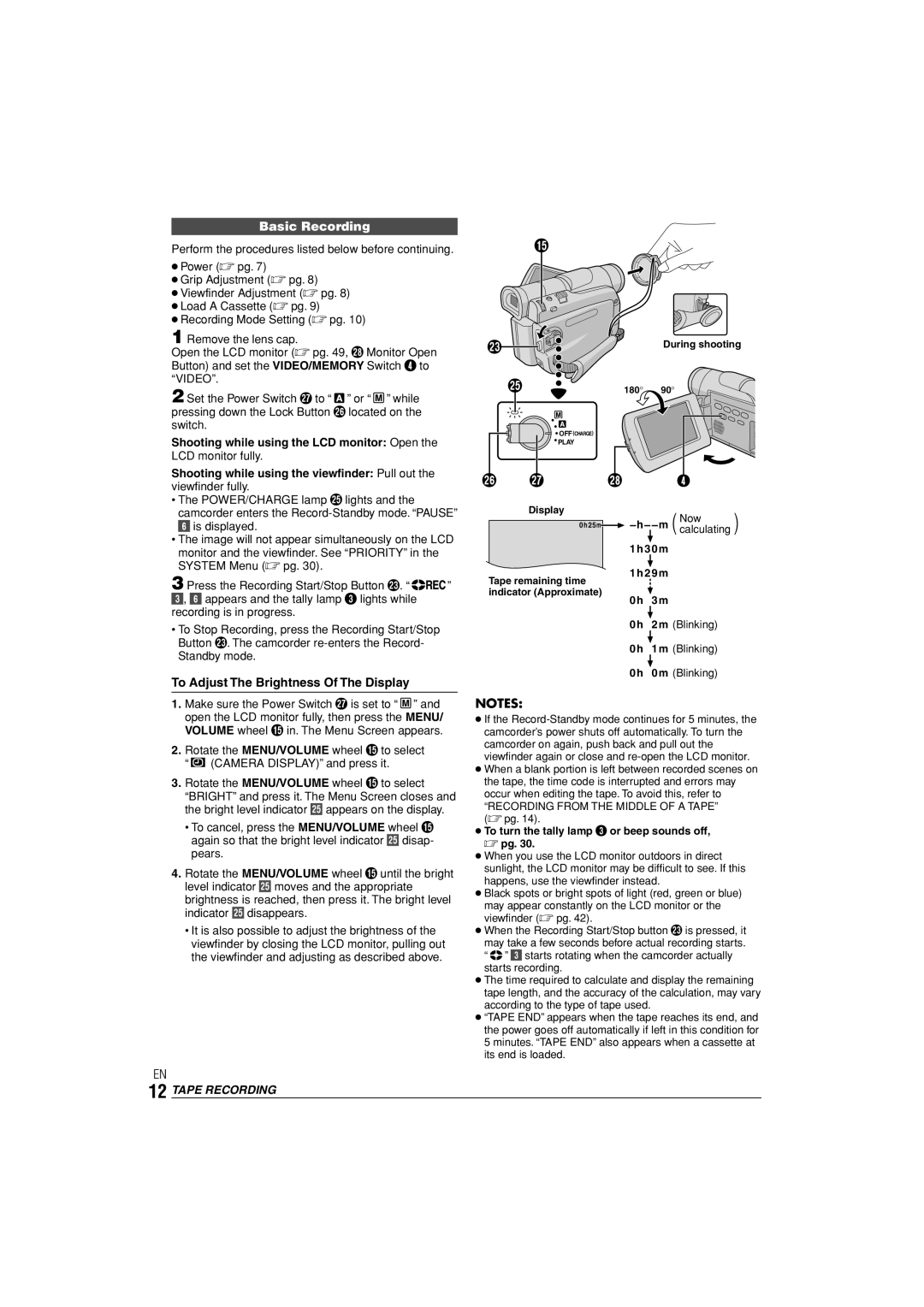 JVC GR-D90 GR-D70 instruction manual Basic Recording, To Adjust The Brightness Of The Display, Tape Recording 