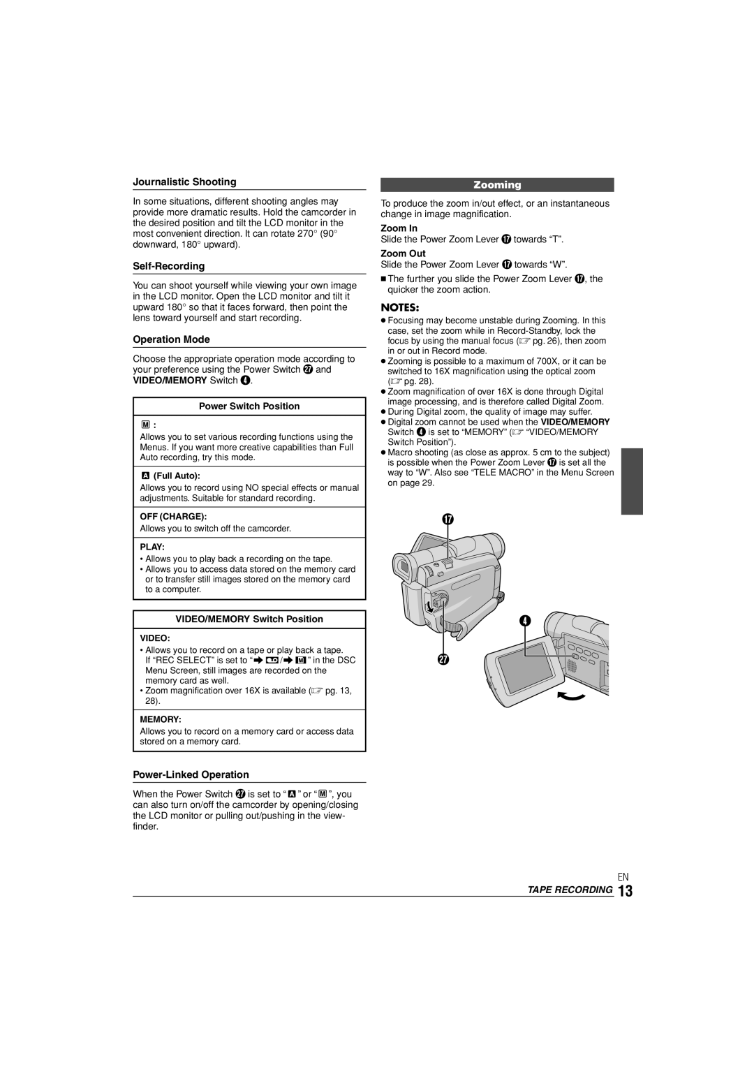 JVC GR-D90 GR-D70 instruction manual Journalistic Shooting, Self-Recording, Operation Mode, Zooming, Power-Linked Operation 