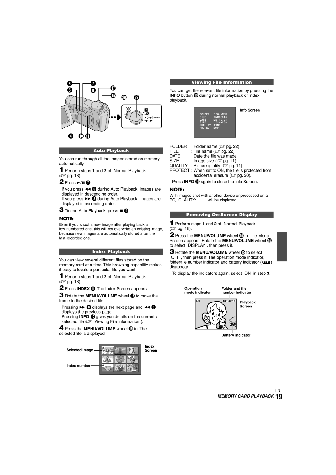 JVC GR-D90 GR-D70 instruction manual Viewing File Information, Auto Playback, Index Playback, Removing On-Screen Display 