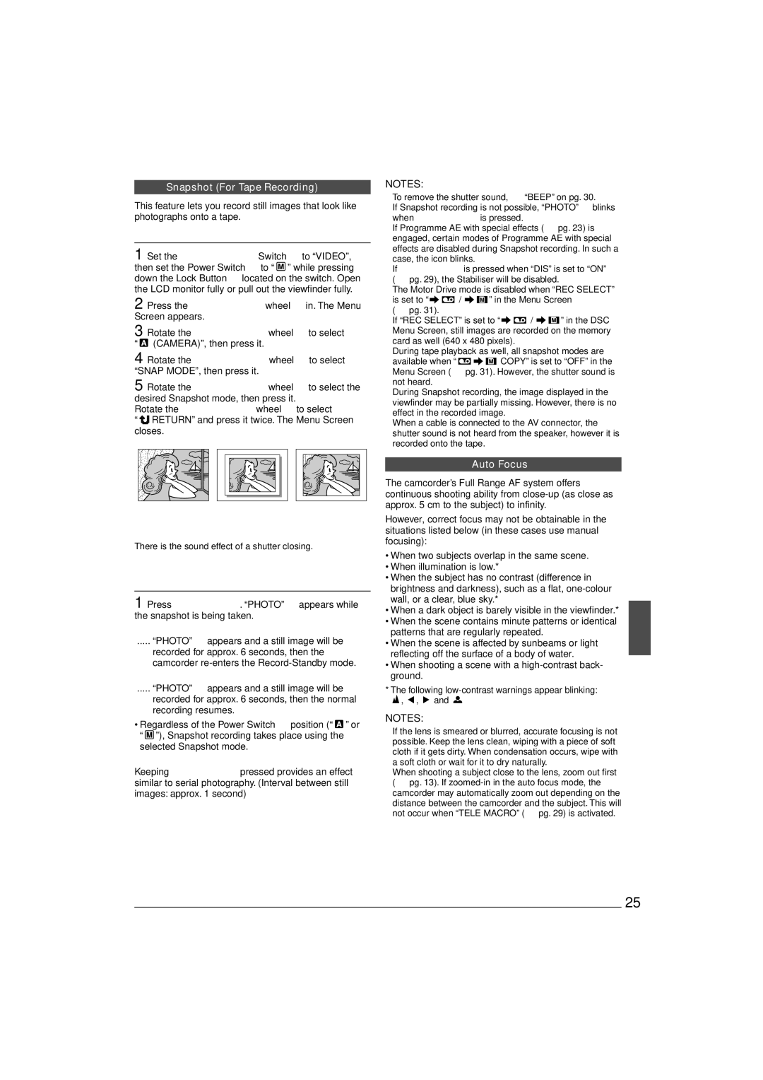 JVC GR-D90 GR-D70 instruction manual Snapshot For Tape Recording, Snapshot Mode Selection, Snapshot Recording, Auto Focus 