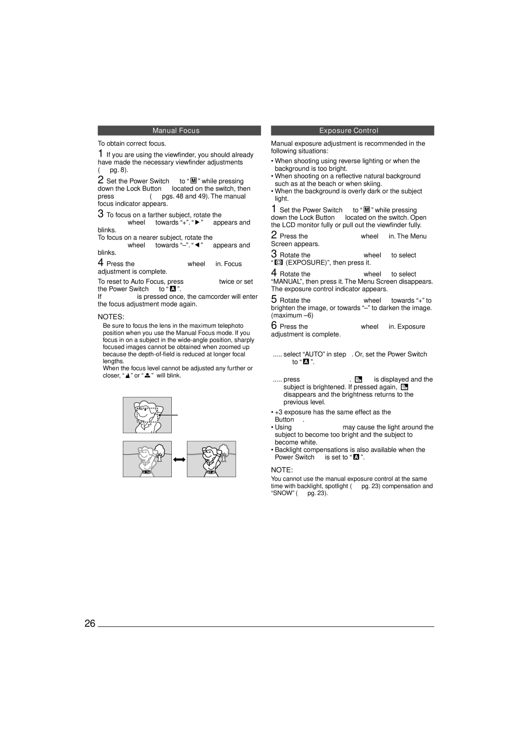 JVC GR-D90 GR-D70 Manual Focus, To Return To Automatic Exposure Control, To Brighten The Subject Quickly 