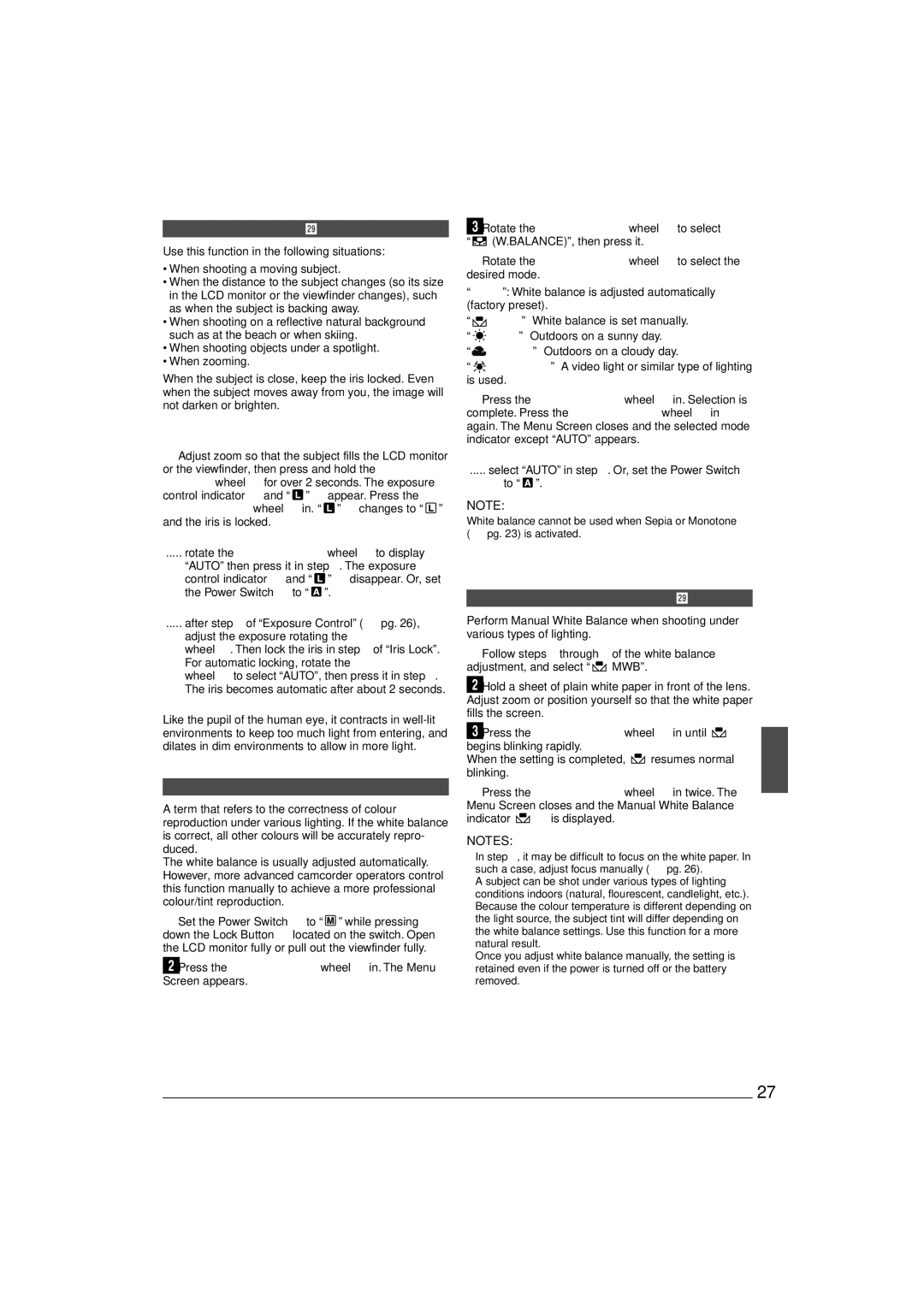 JVC GR-D90 GR-D70 instruction manual Iris Lock, White Balance Adjustment, Manual White Balance Operation 