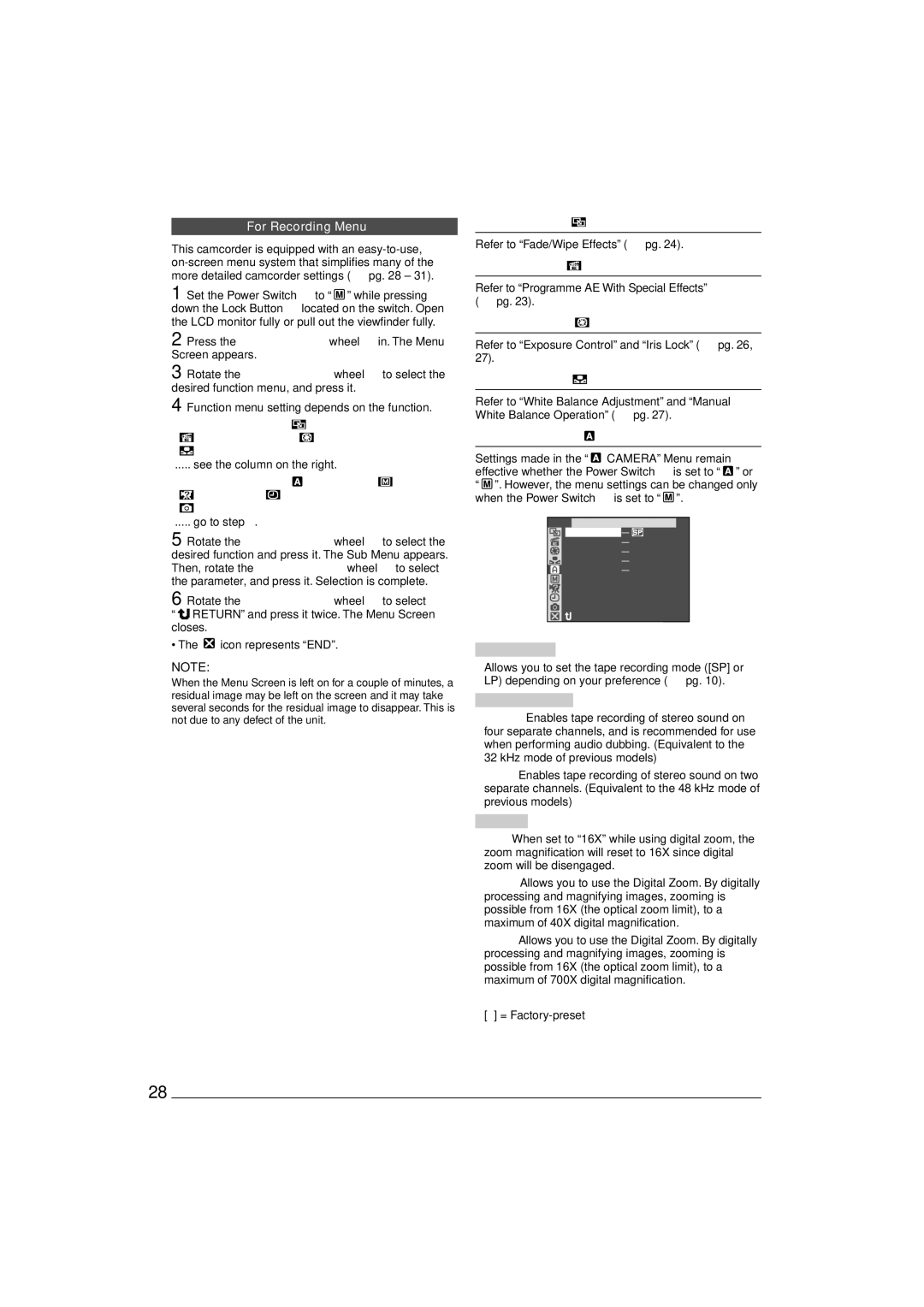 JVC GR-D90 GR-D70 instruction manual Wipe/Fader, Program AE, Exposure, Balance, Camera 