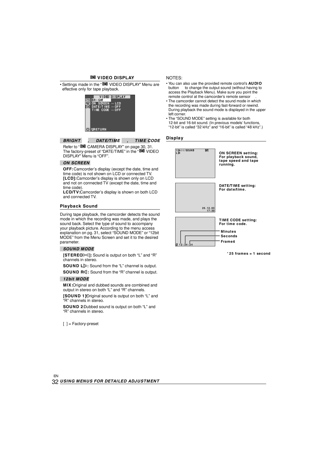 JVC GR-D90 GR-D70 instruction manual Video Display, Playback Sound, Bright , DATE/TIME , Time Code 