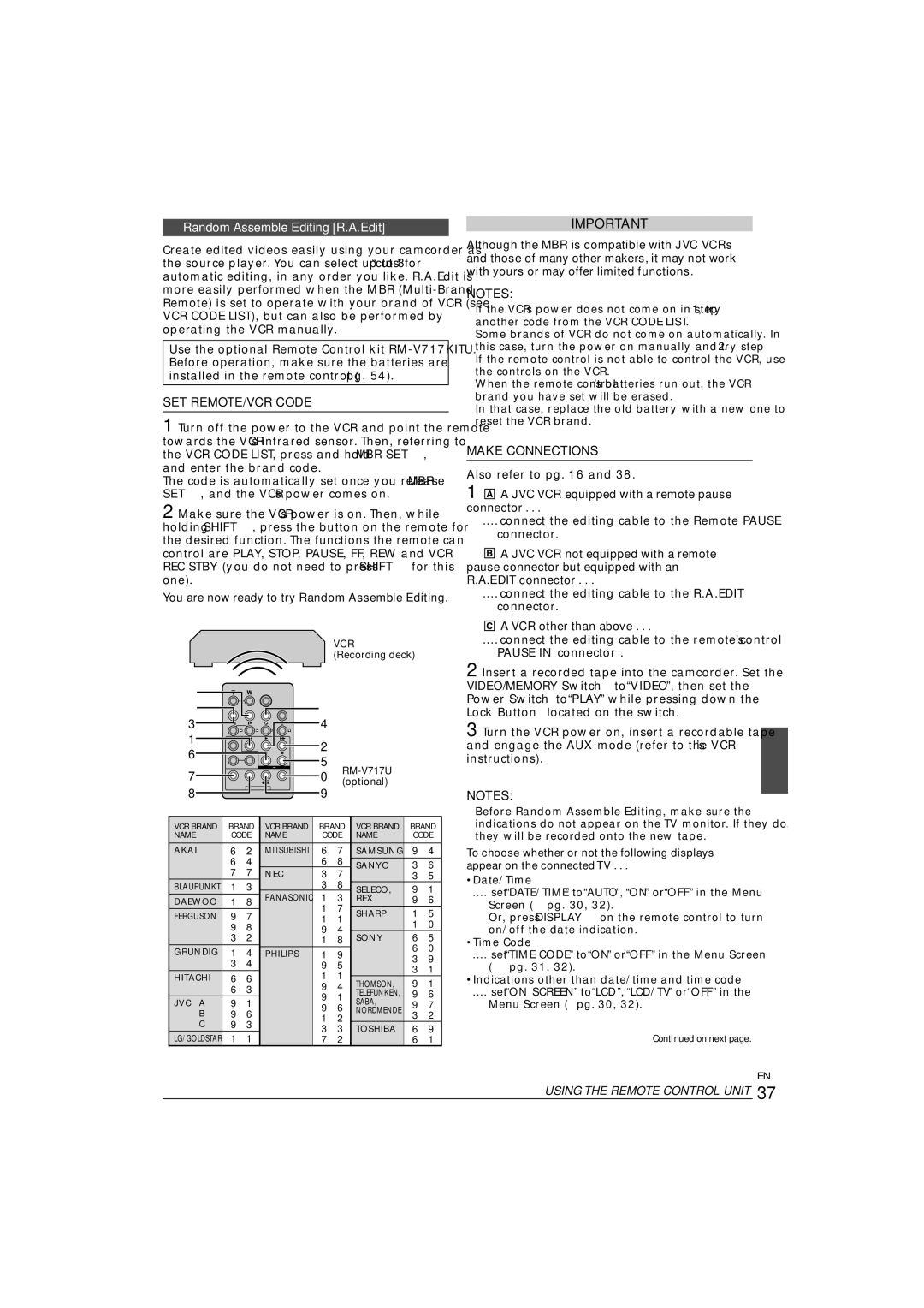 JVC GR-D90 GR-D70 instruction manual Random Assemble Editing R.A.Edit, SET REMOTE/VCR Code, Make Connections 