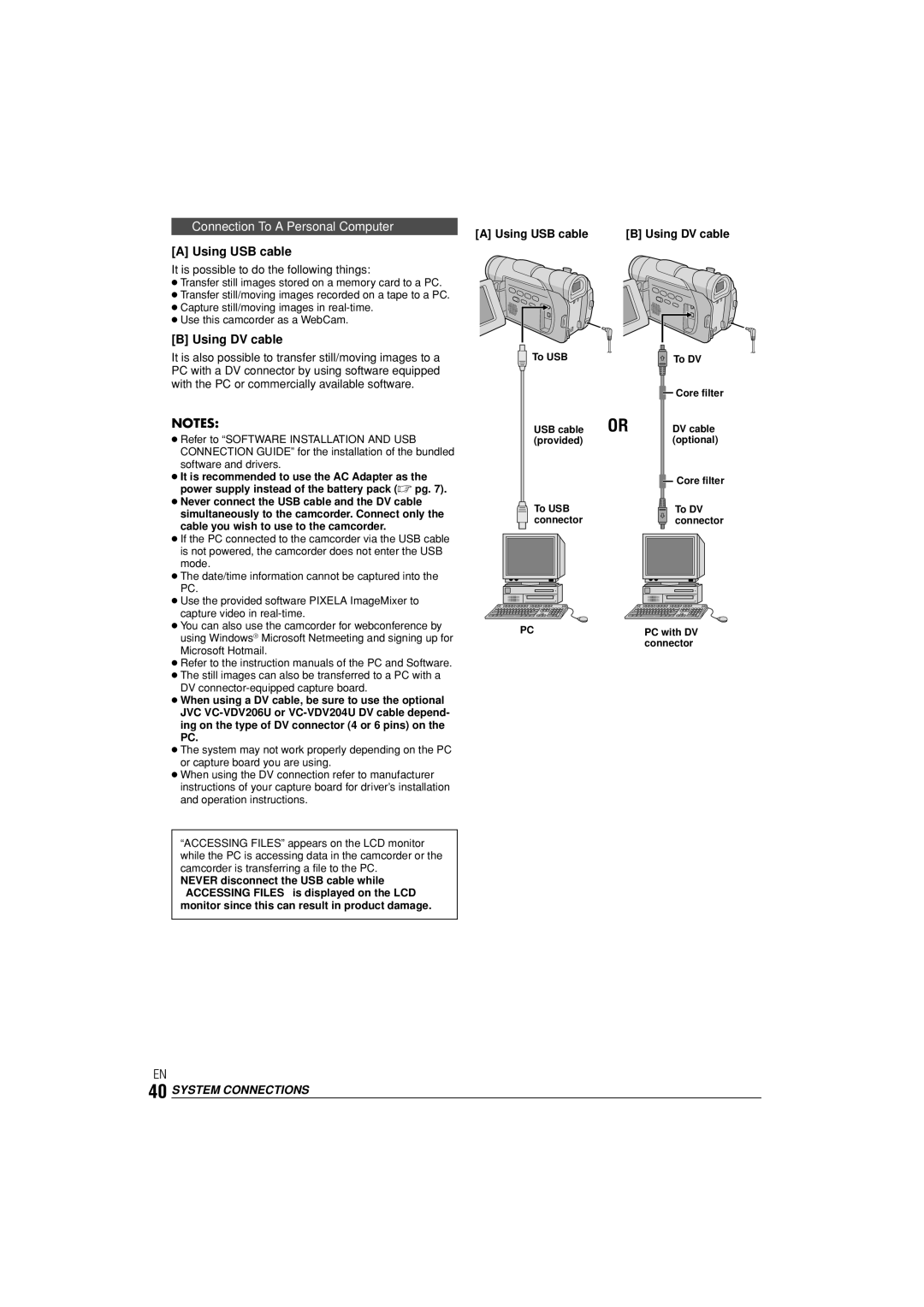 JVC GR-D90 GR-D70 instruction manual Connection To a Personal Computer, Using USB cable, Using DV cable, System Connections 