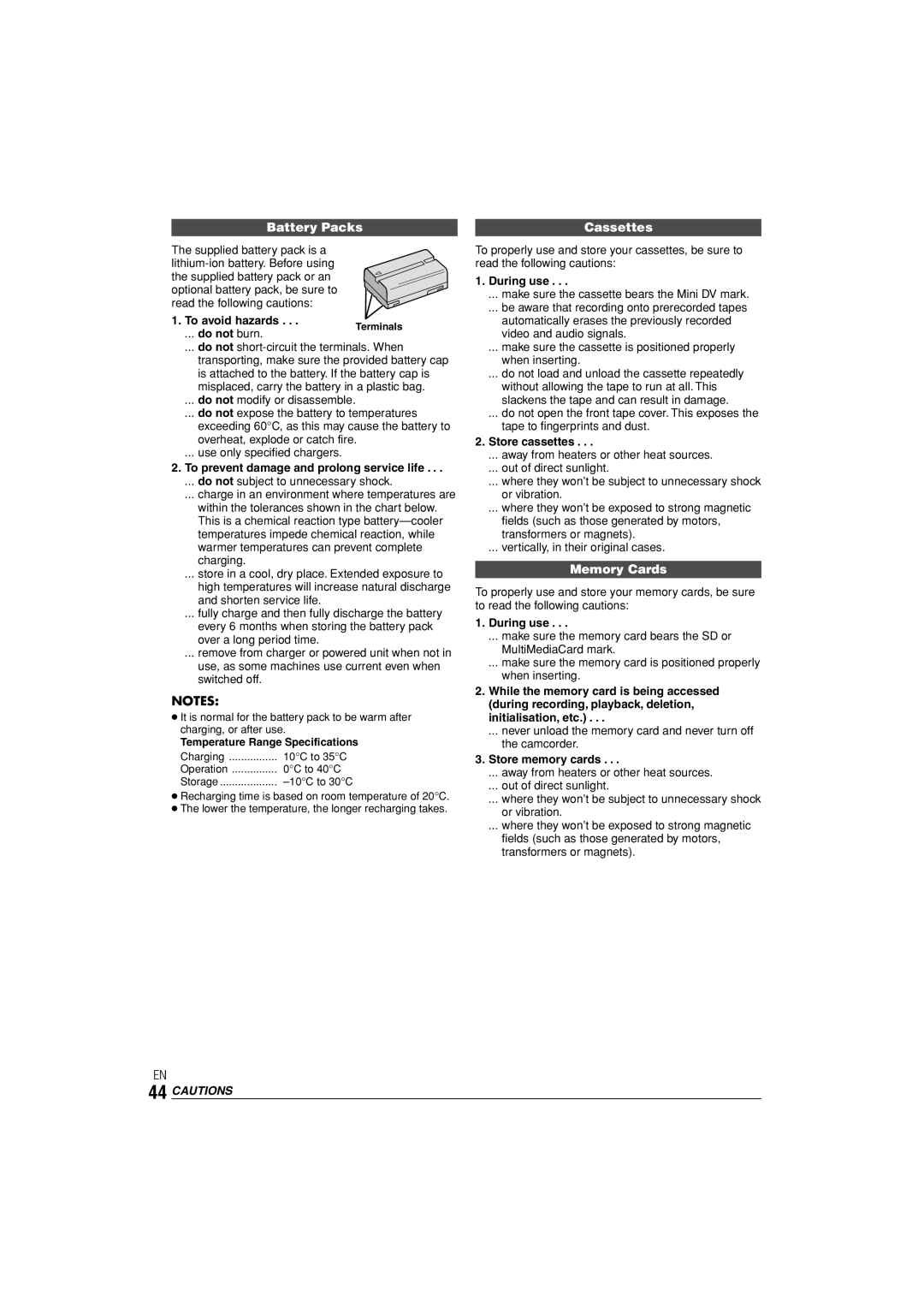 JVC GR-D90 GR-D70 instruction manual Battery Packs, Cassettes, Memory Cards 