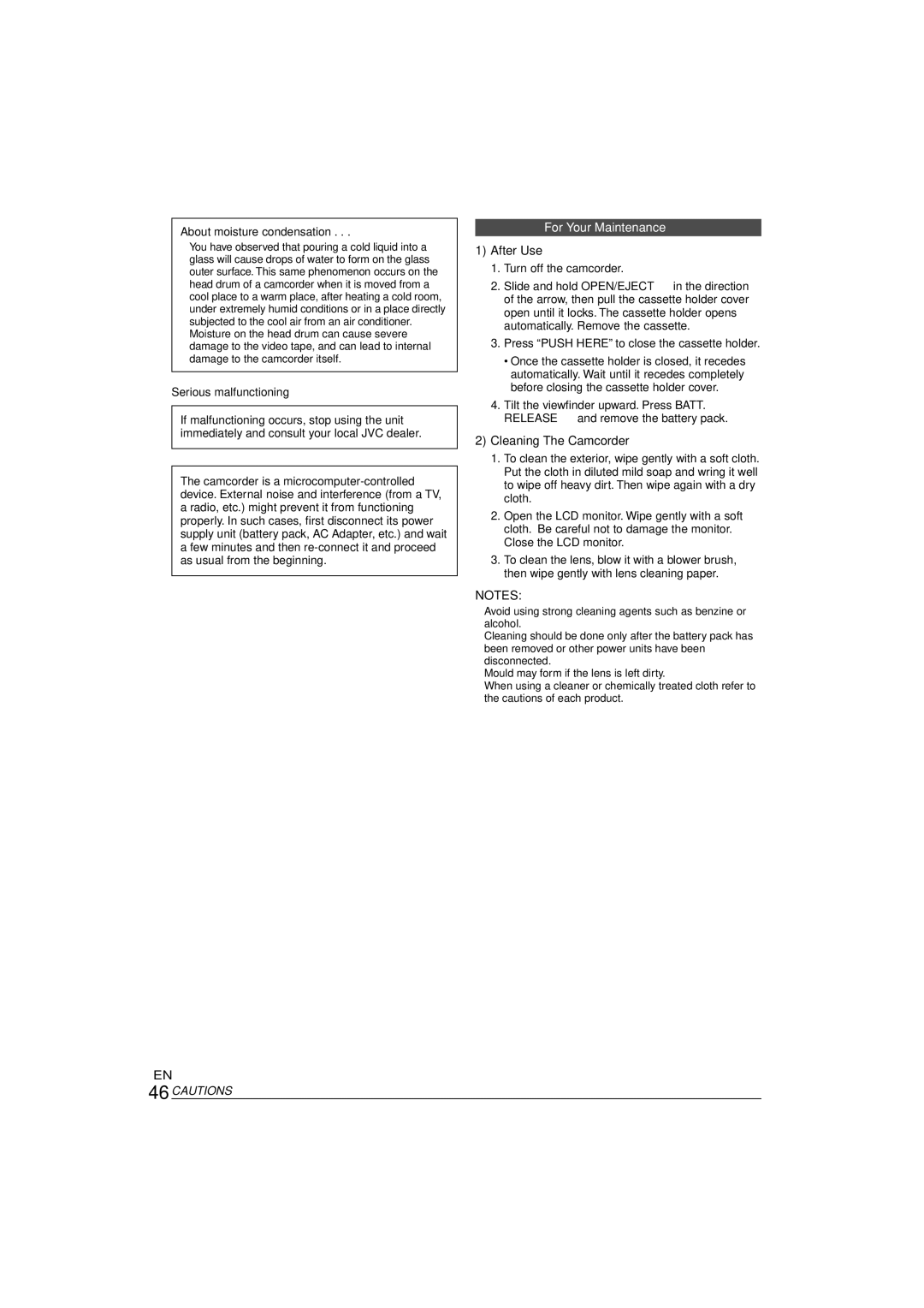 JVC GR-D90 GR-D70 instruction manual For Your Maintenance, After Use, Cleaning The Camcorder, About moisture condensation 