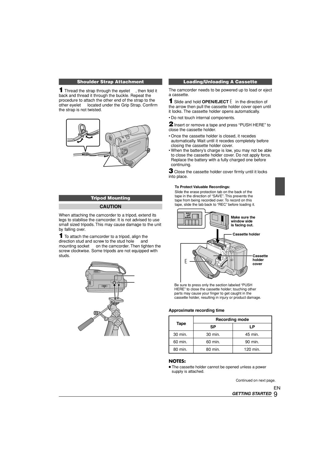 JVC GR-D90 GR-D70 instruction manual Shoulder Strap Attachment, Tripod Mounting, Loading/Unloading a Cassette 