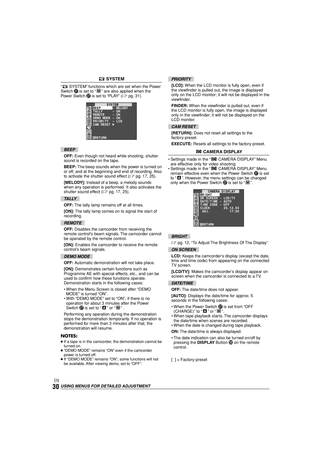 JVC GR-D90 GR-D70 instruction manual System, Camera Display 