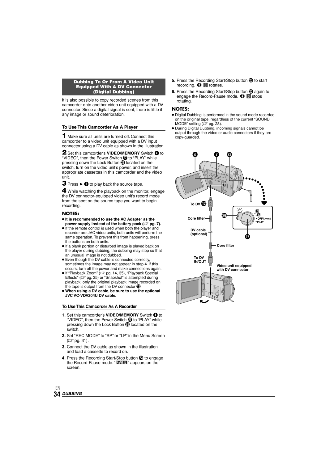 JVC GR-D90 GR-D70 instruction manual 4 7 e, Dubbing To Or From A Video Unit Equipped With A DV Connector, Digital Dubbing 