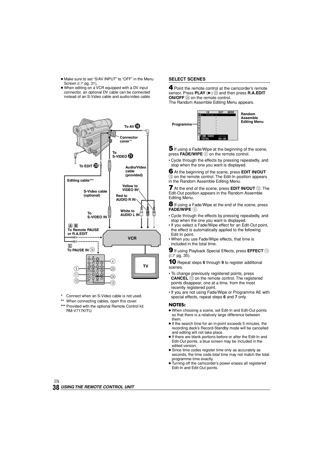 JVC GR-D90 GR-D70 instruction manual Select Scenes, If using a Fade/Wipe at the end of the scene, press FADE/WIPE 