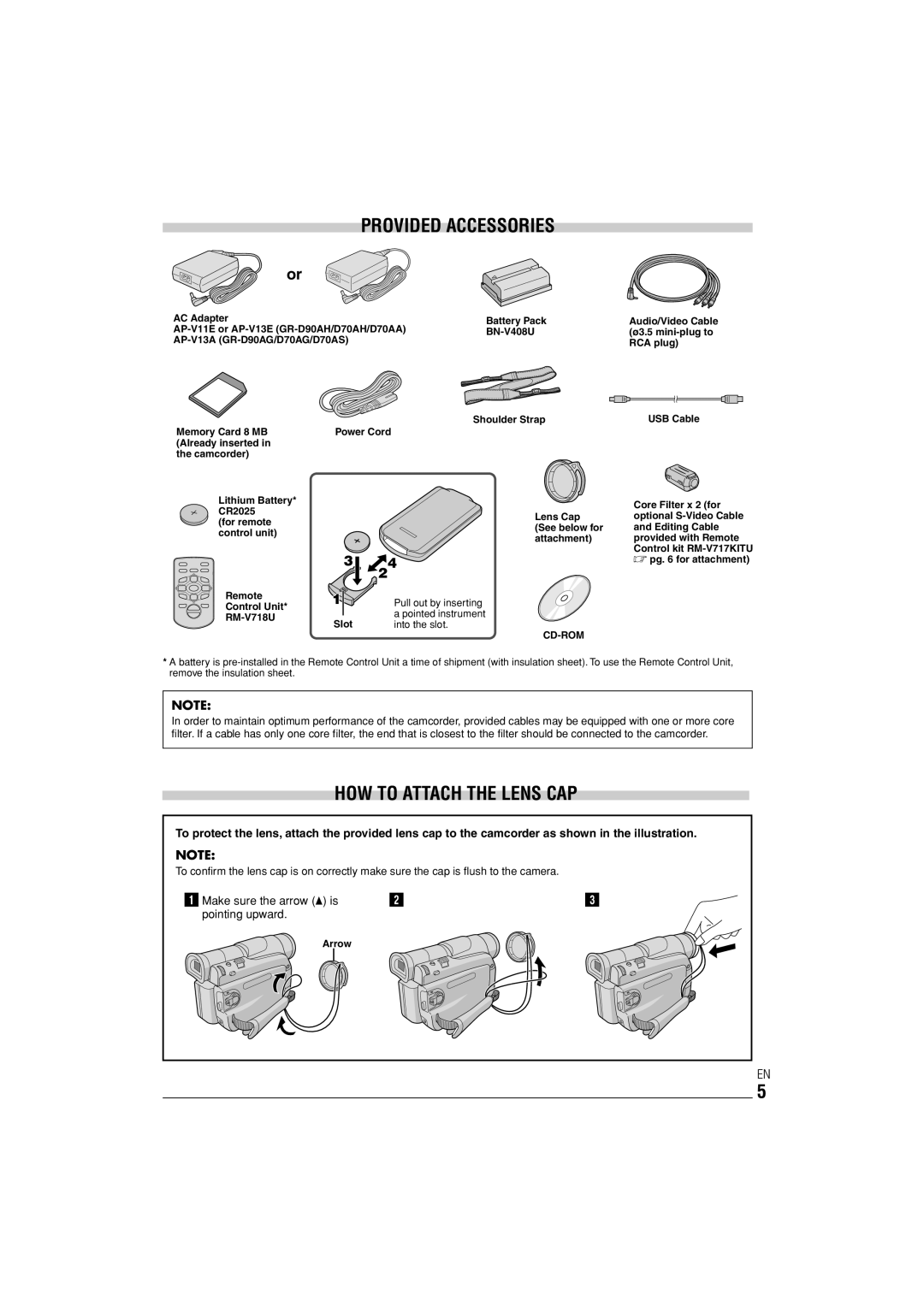 JVC GR-D90 GR-D70 instruction manual Provided Accessories, How To Attach The Lens Cap 