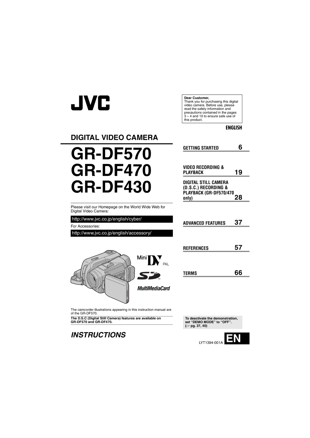 JVC instruction manual GR-DF570 GR-DF470 GR-DF430, Dear Customer 