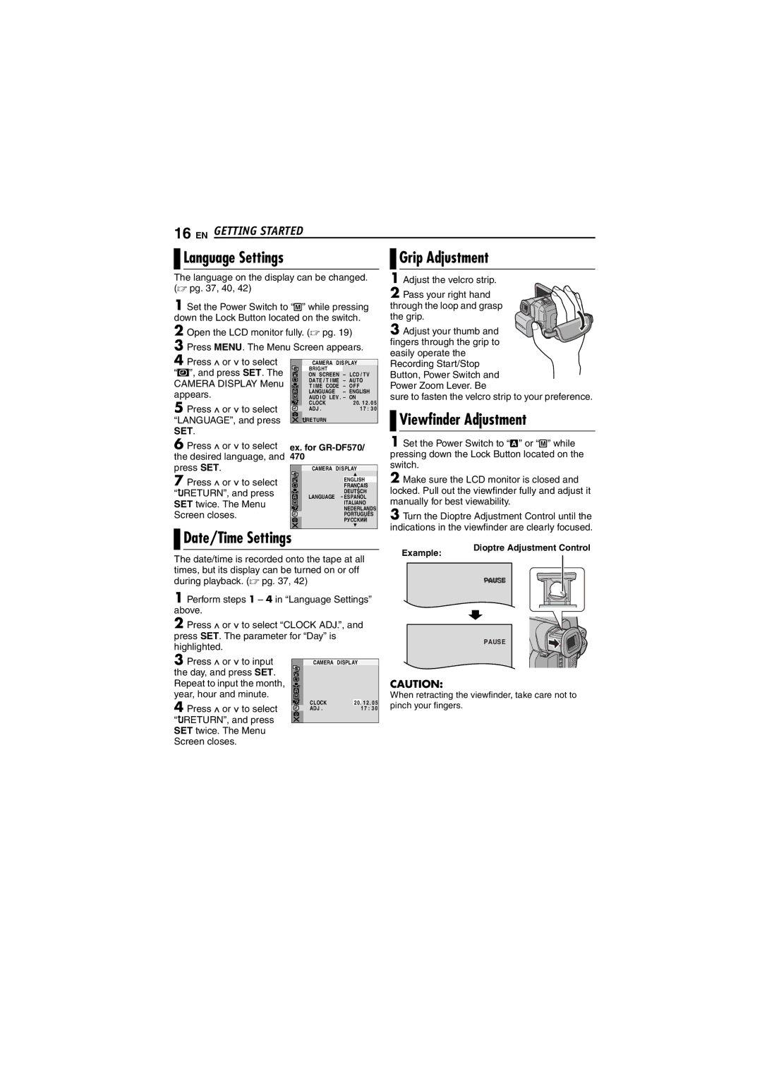 JVC GR-DF430 instruction manual Grip Adjustment, Viewfinder Adjustment, Date/Time Settings, Language Settings 