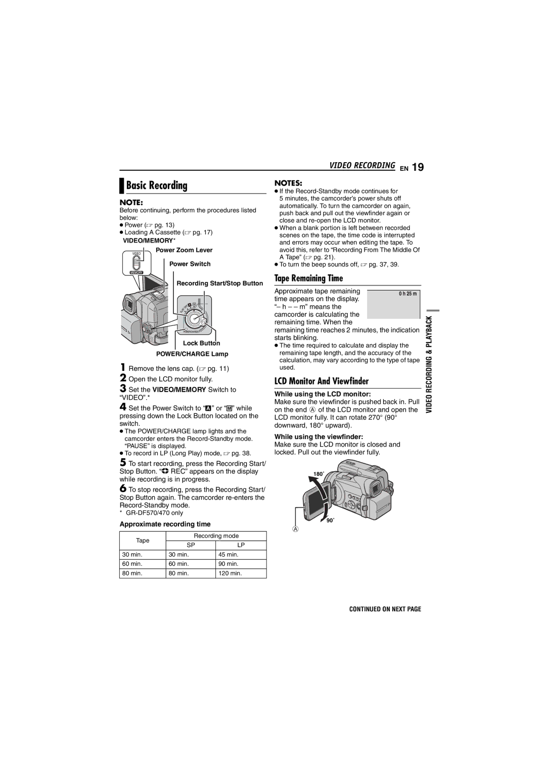 JVC GR-DF430 instruction manual Basic Recording, Tape Remaining Time, LCD Monitor And Viewfinder 