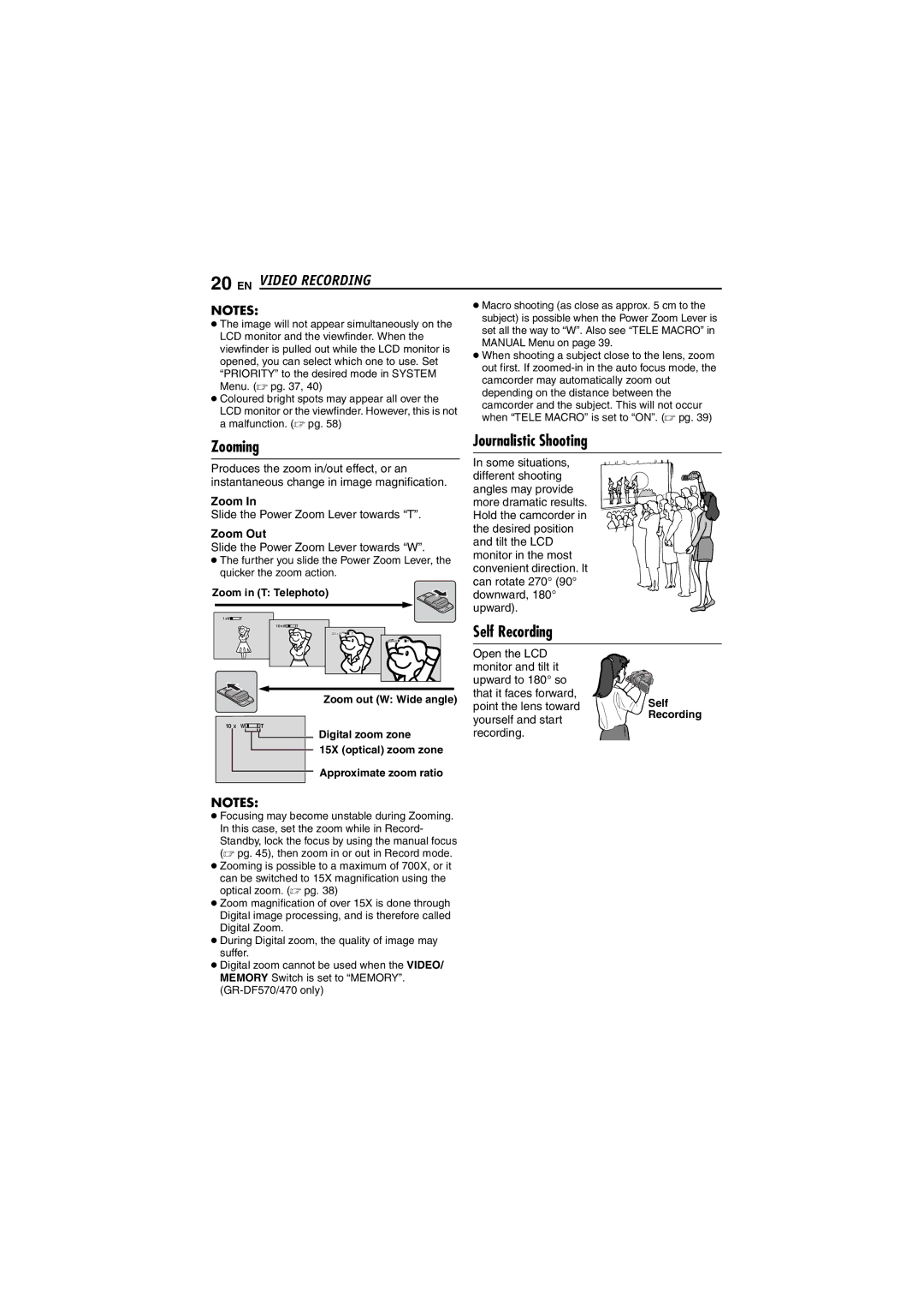 JVC GR-DF430 instruction manual EN Video Recording, Zooming, Journalistic Shooting, Self Recording 