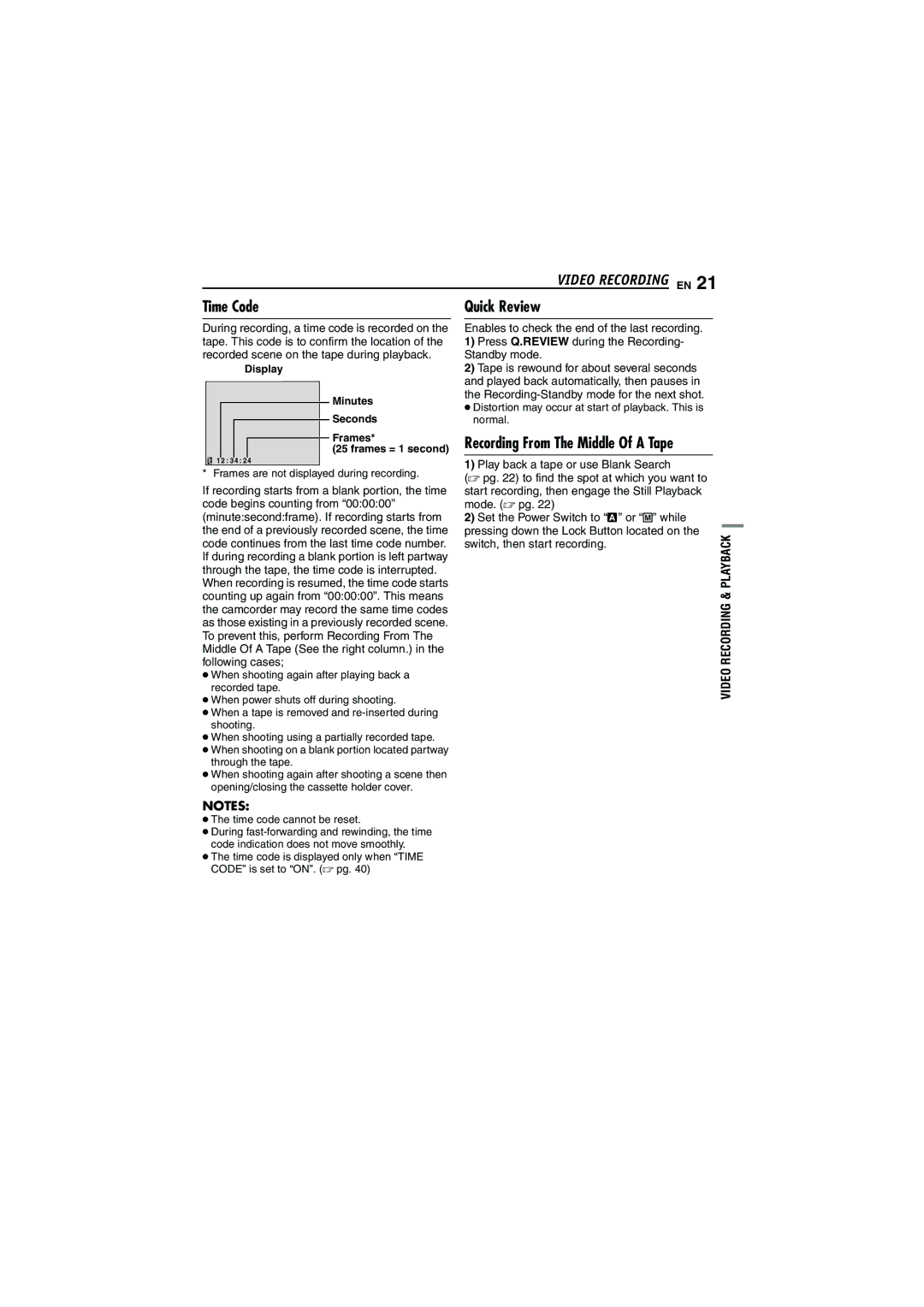 JVC GR-DF430 instruction manual Video Recording EN, Time Code, Recording From The Middle Of a Tape 