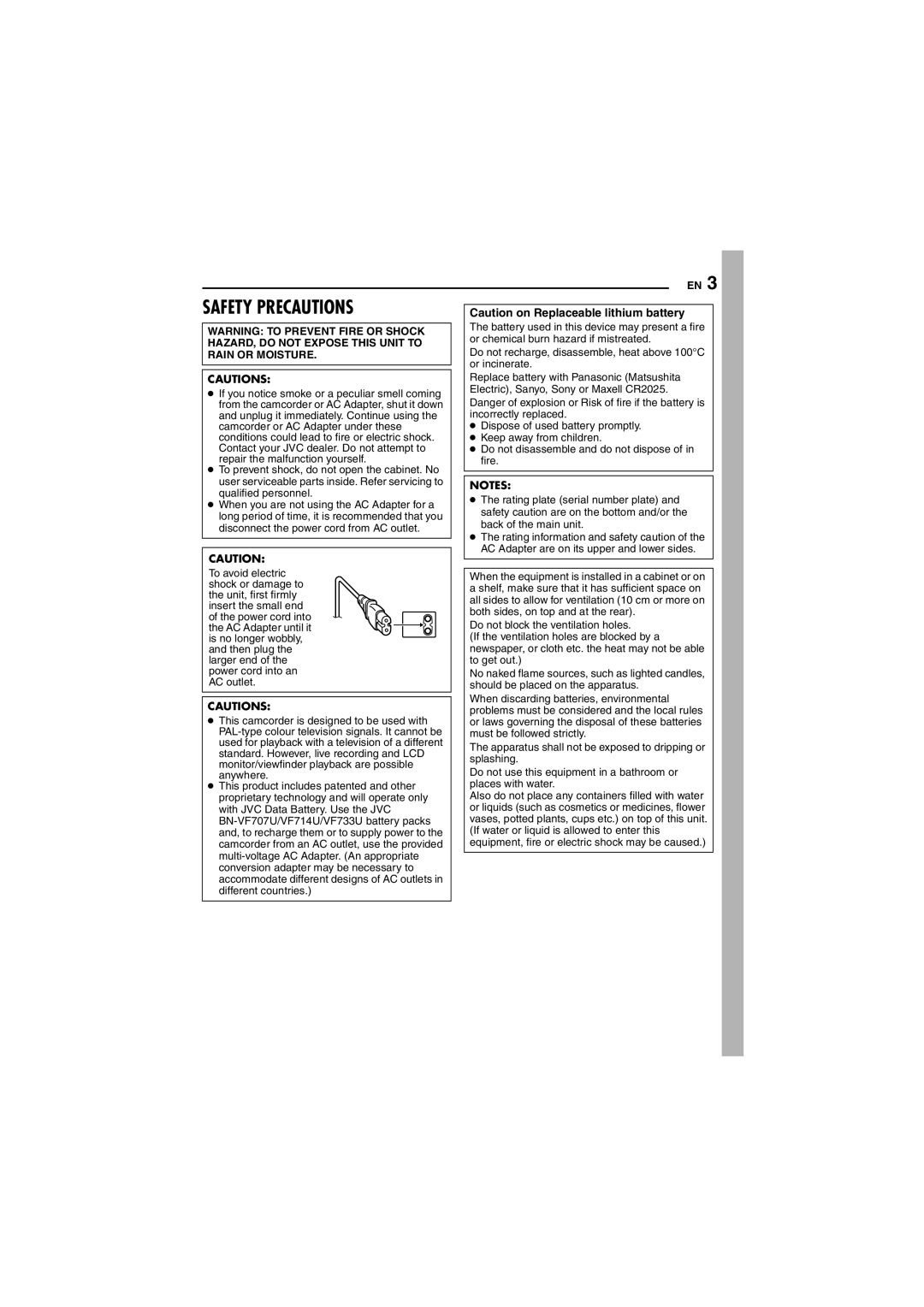 JVC GR-DF430 instruction manual Safety Precautions 