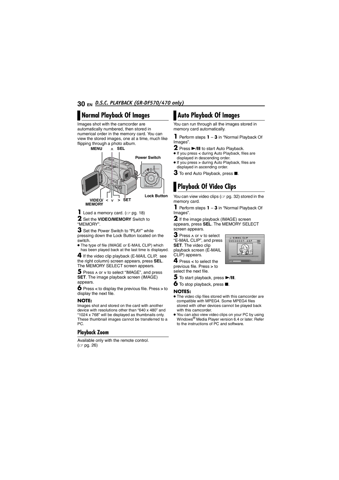 JVC GR-DF430 instruction manual Normal Playback Of Images, Auto Playback Of Images, Playback Of Video Clips, Playback Zoom 