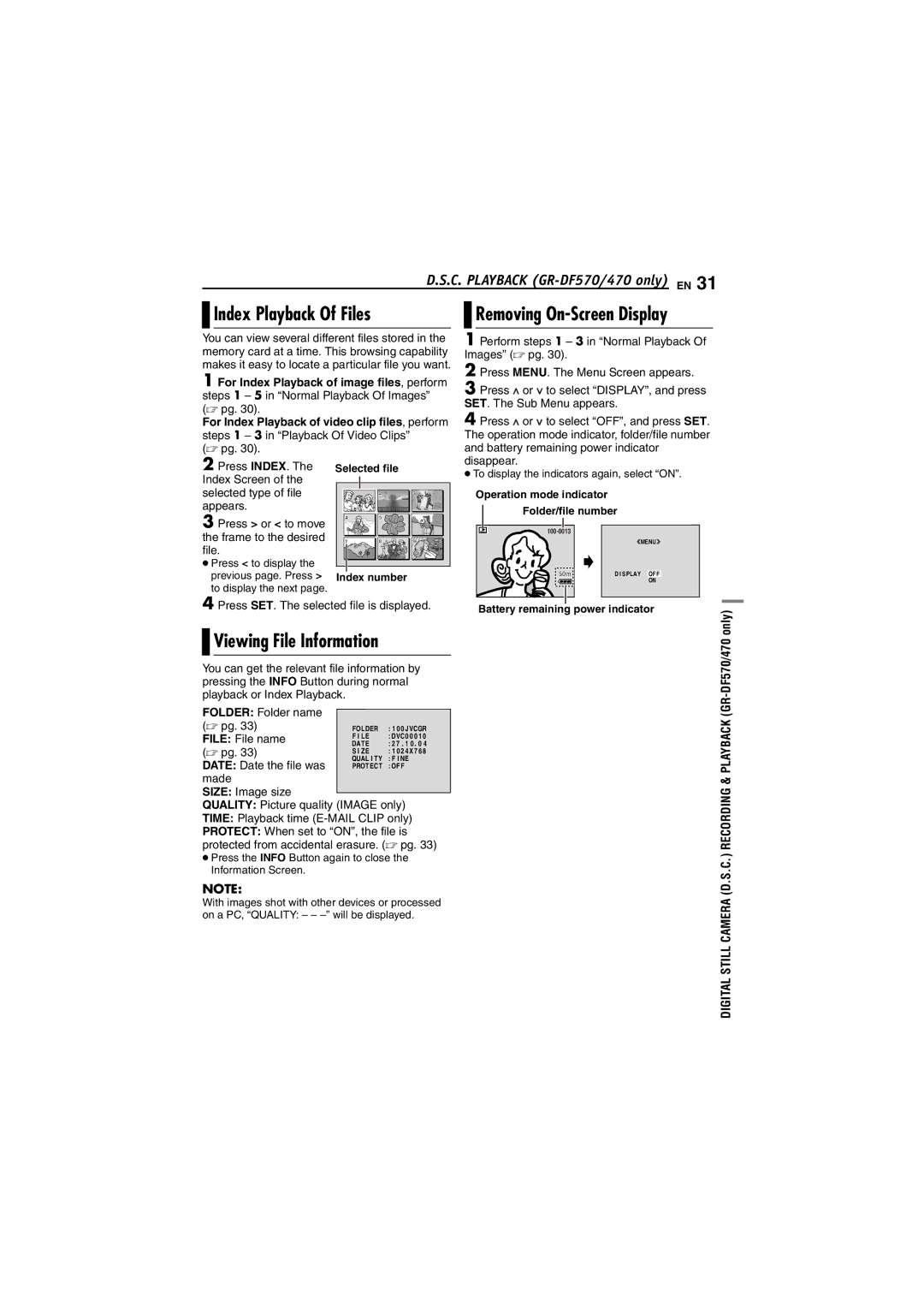 JVC GR-DF430 instruction manual Index Playback Of Files, Removing On-Screen Display, Viewing File Information 