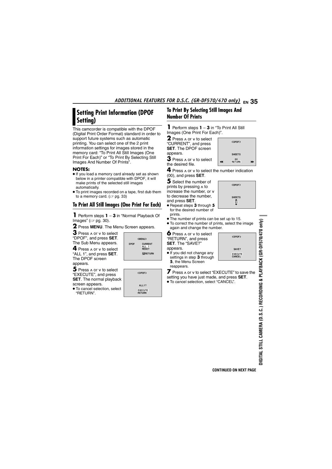 JVC GR-DF430 Setting Print Information Dpof Setting, To Print By Selecting Still Images And Number Of Prints 