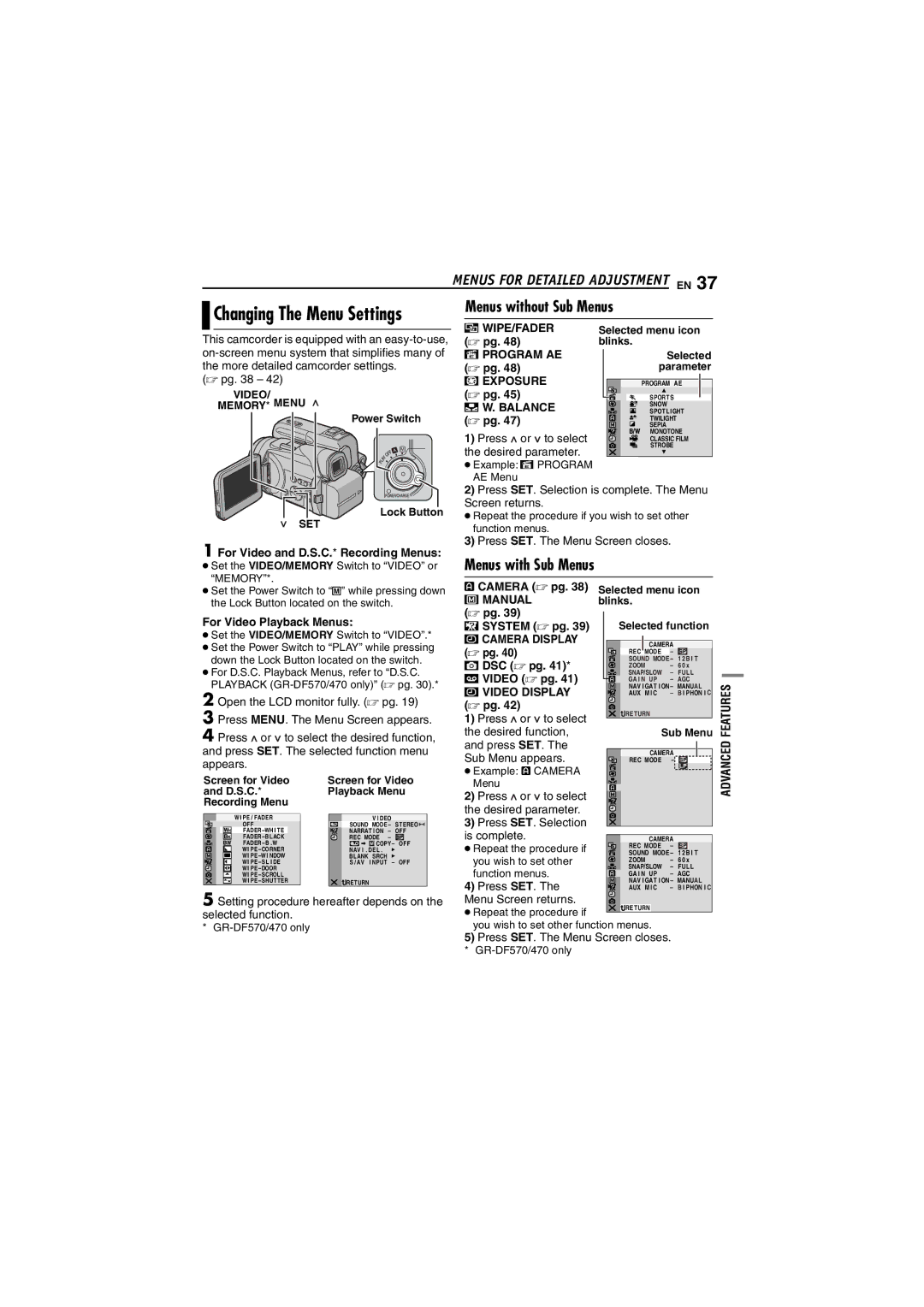 JVC GR-DF430 Menus for Detailed Adjustment EN, Menus without Sub Menus, Menus with Sub Menus, Changing The Menu Settings 