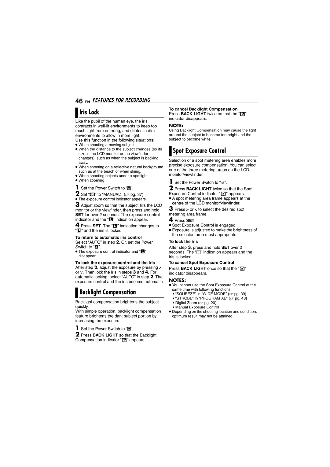 JVC GR-DF430 instruction manual Iris Lock, Spot Exposure Control, Backlight Compensation 