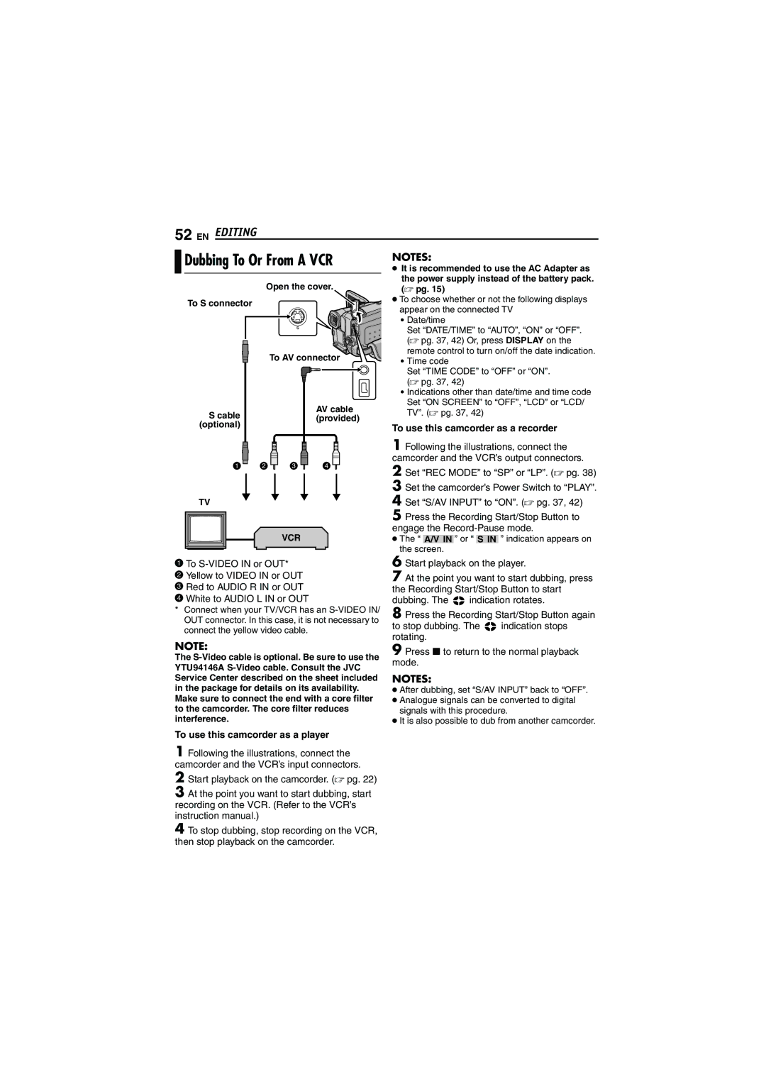 JVC GR-DF430 Dubbing To Or From a VCR, To use this camcorder as a recorder, To use this camcorder as a player 