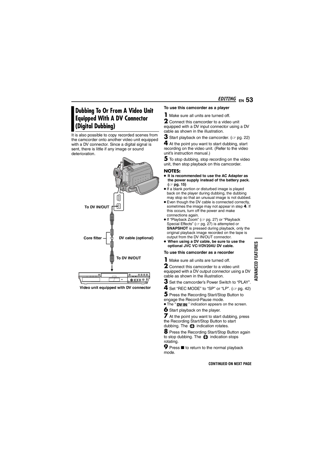 JVC GR-DF430 instruction manual Digital Dubbing, Editing EN, Equipped With a DV Connector, Dubbing To Or From a Video Unit 