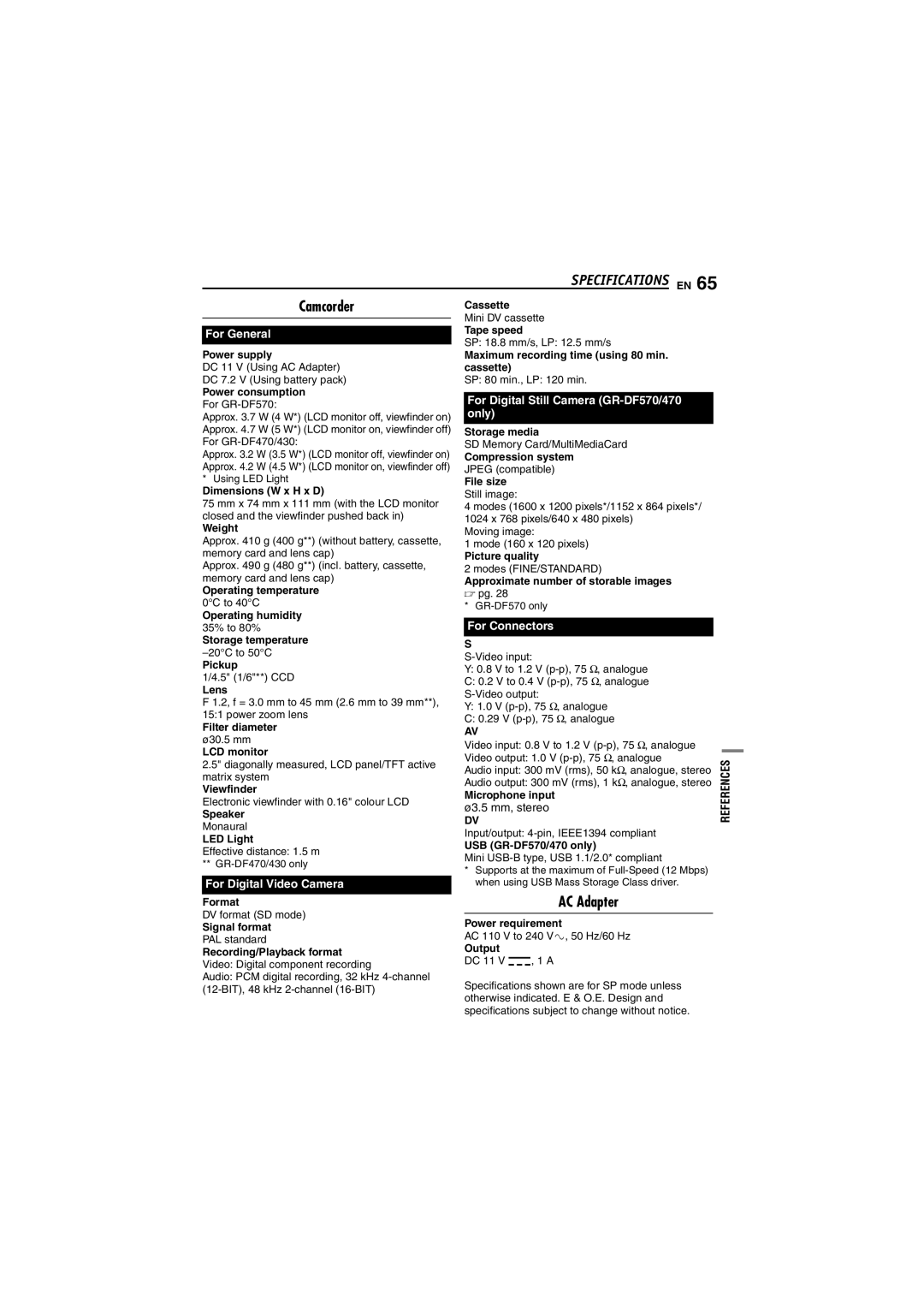 JVC GR-DF430 instruction manual Specifications EN, CamcorderCassette, AC Adapter, Ø3.5 mm, stereo 