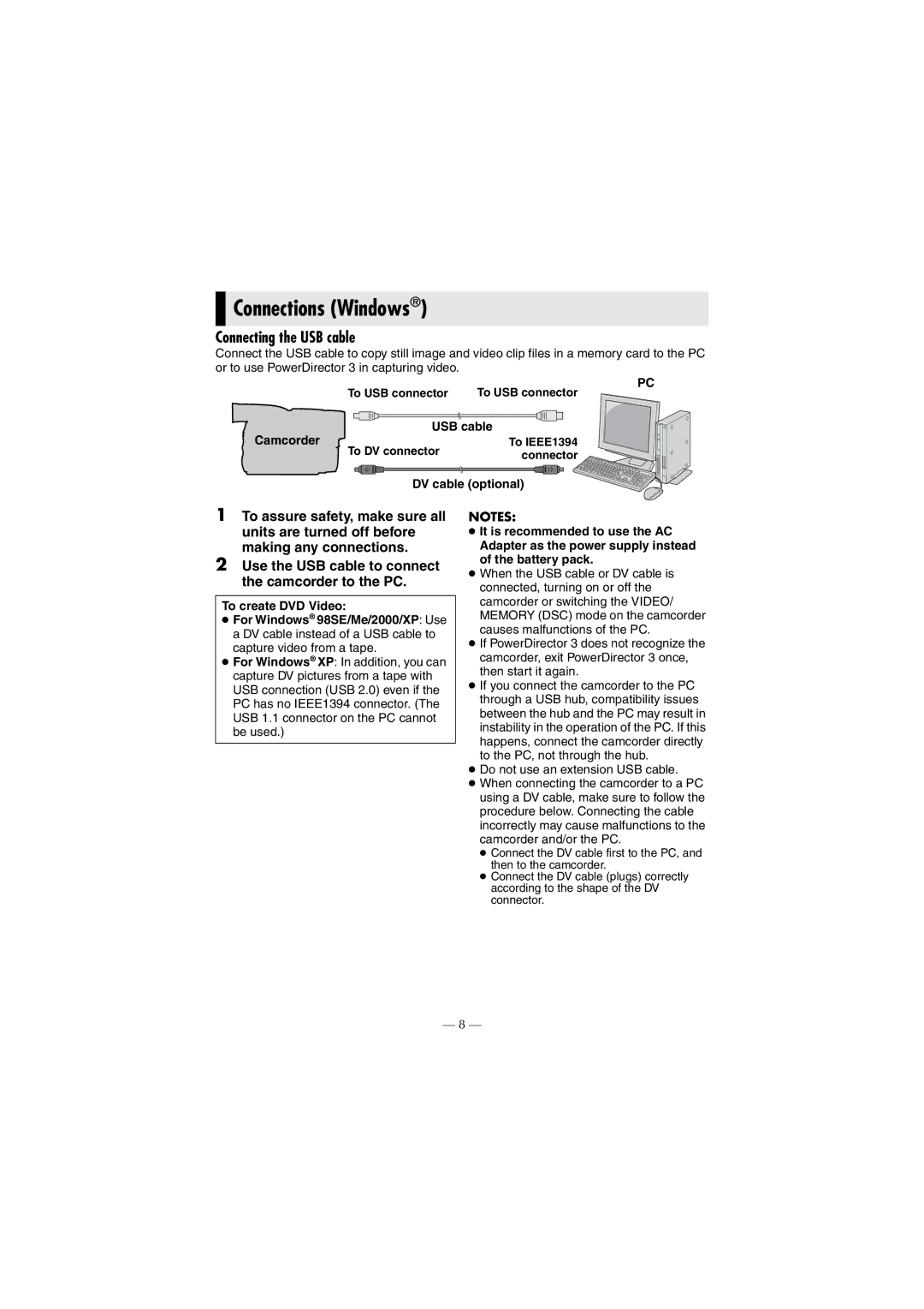 JVC GR-DF430 instruction manual Connecting the USB cable, To USB connector, To IEEE1394, To DV connector Connector 