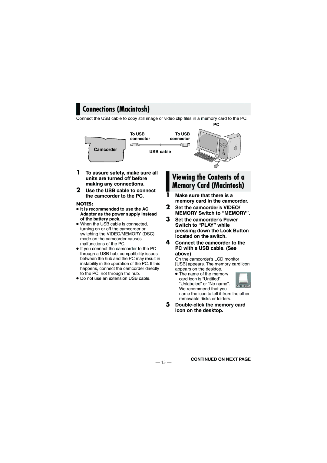 JVC GR-DF430 instruction manual Connections Macintosh, Viewing the Contents of a Memory Card Macintosh 