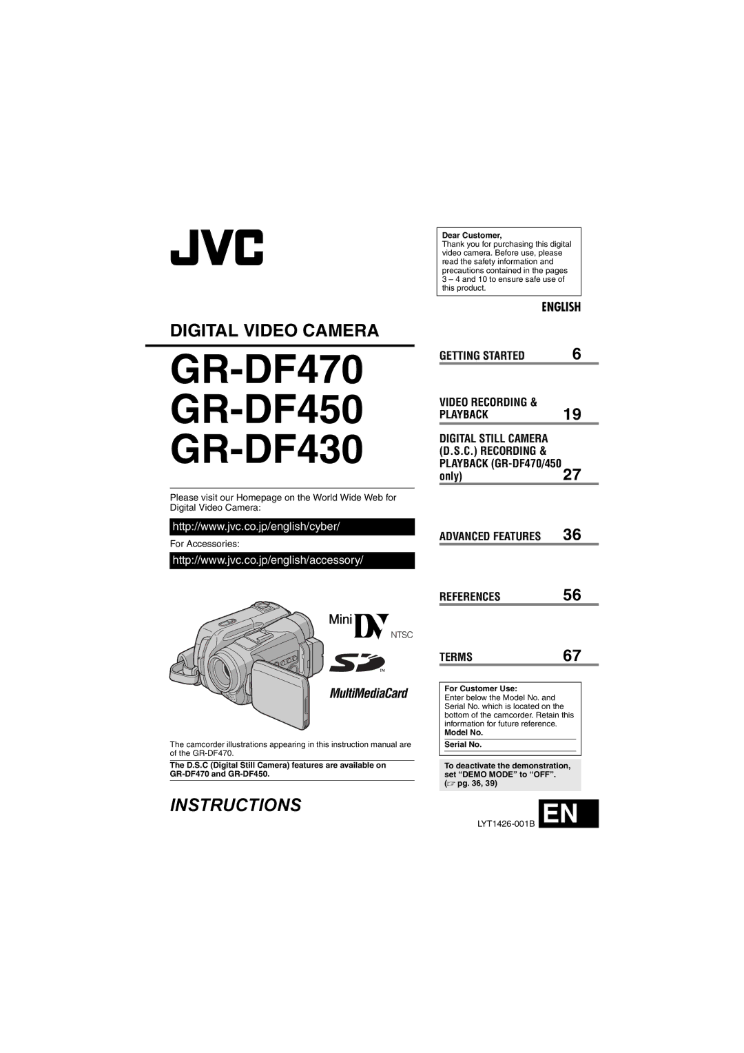 JVC GR-DF450 instruction manual Dear Customer, For Customer Use, Model No Serial No 