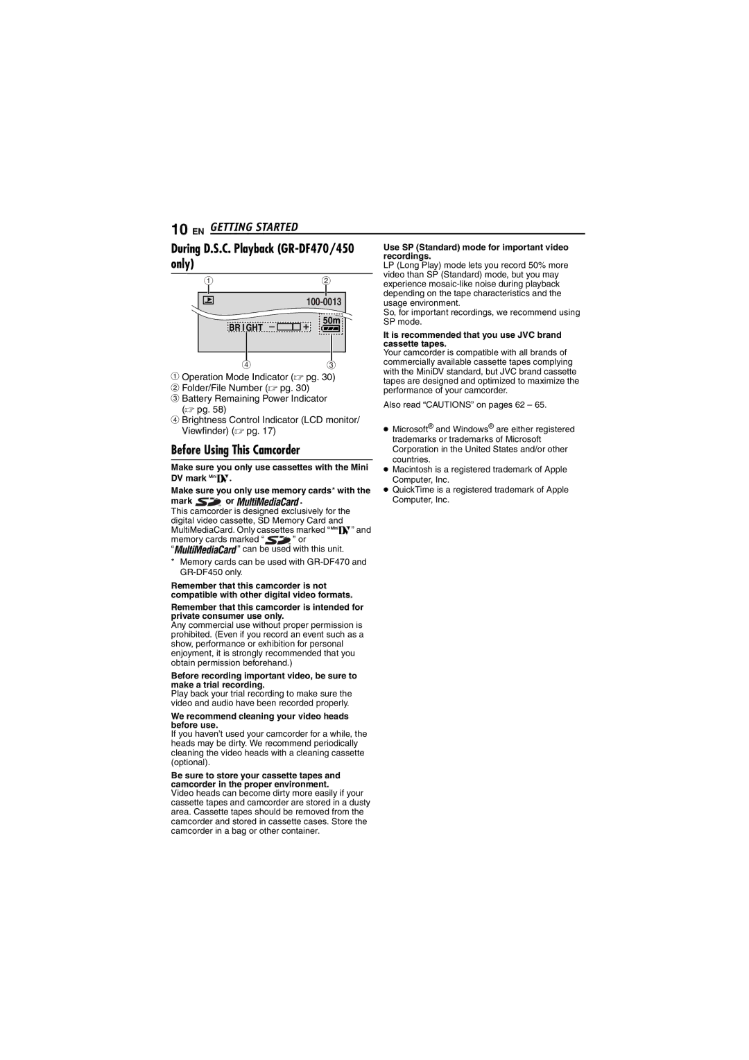 JVC GR-DF450 instruction manual Only, Before Using This Camcorder, Operation Mode Indicator  pg, Folder/File Number  pg 