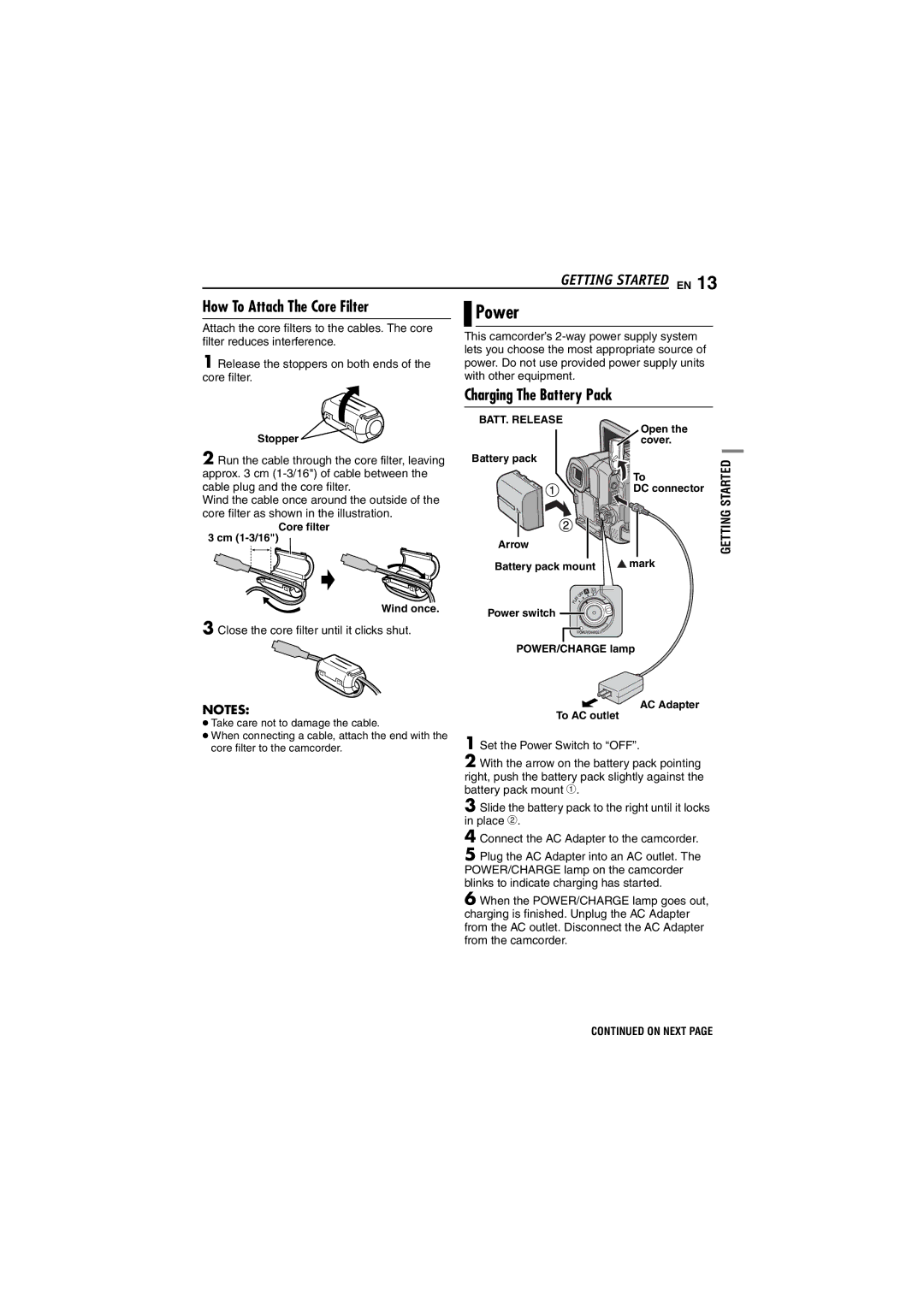 JVC GR-DF450 Power, How To Attach The Core Filter, Charging The Battery Pack, Close the core filter until it clicks shut 