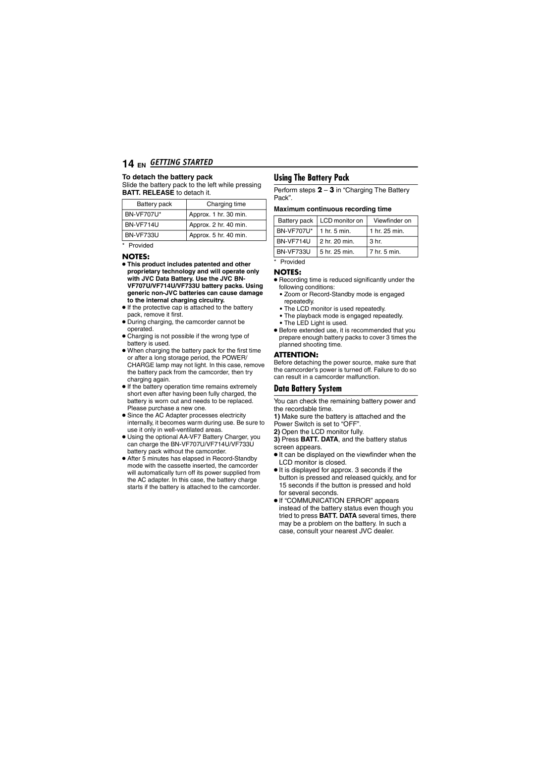 JVC GR-DF450 instruction manual Data Battery System, BATT. Release to detach it, Maximum continuous recording time 