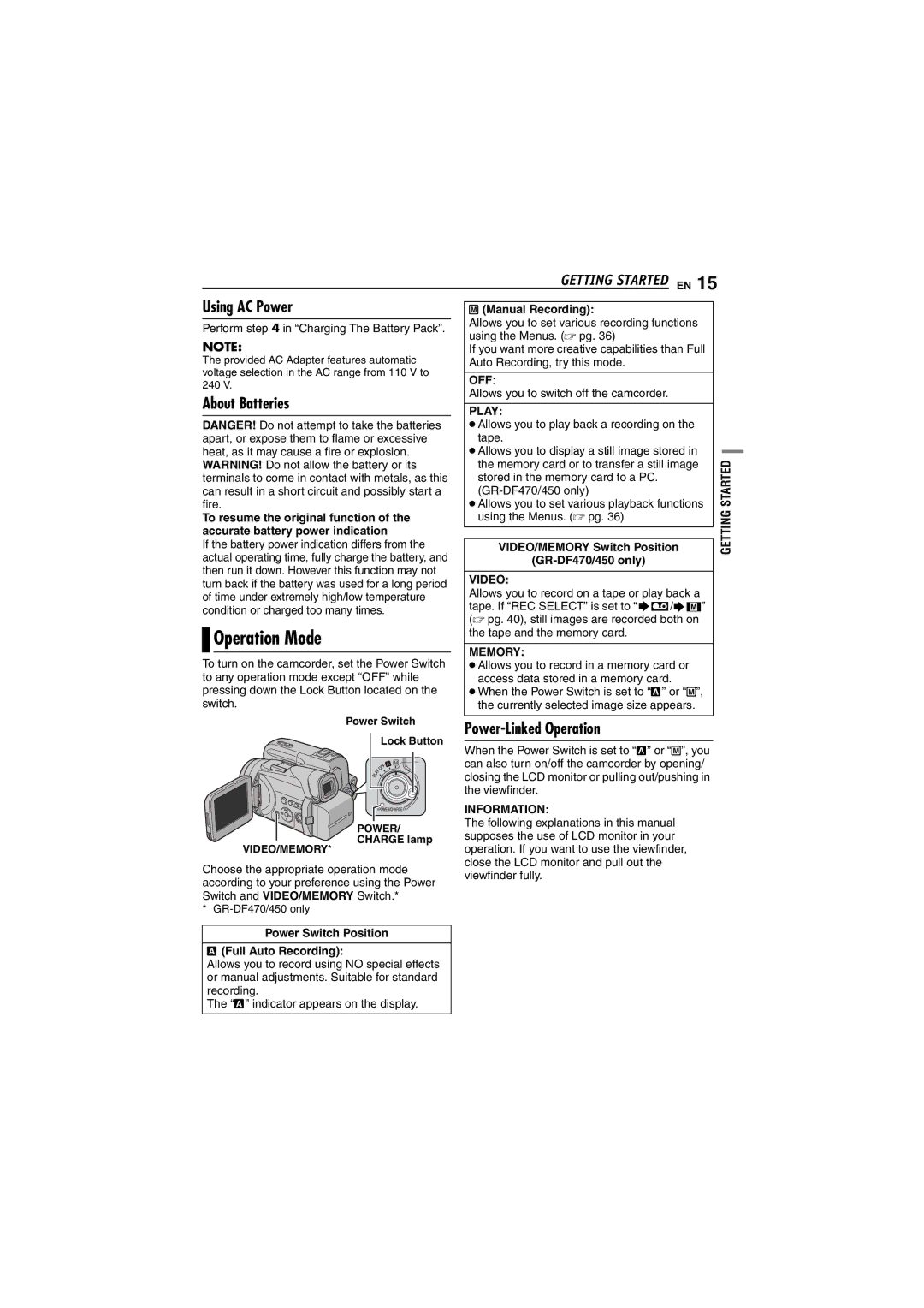 JVC GR-DF450 instruction manual Operation Mode, Using AC Power, About Batteries 