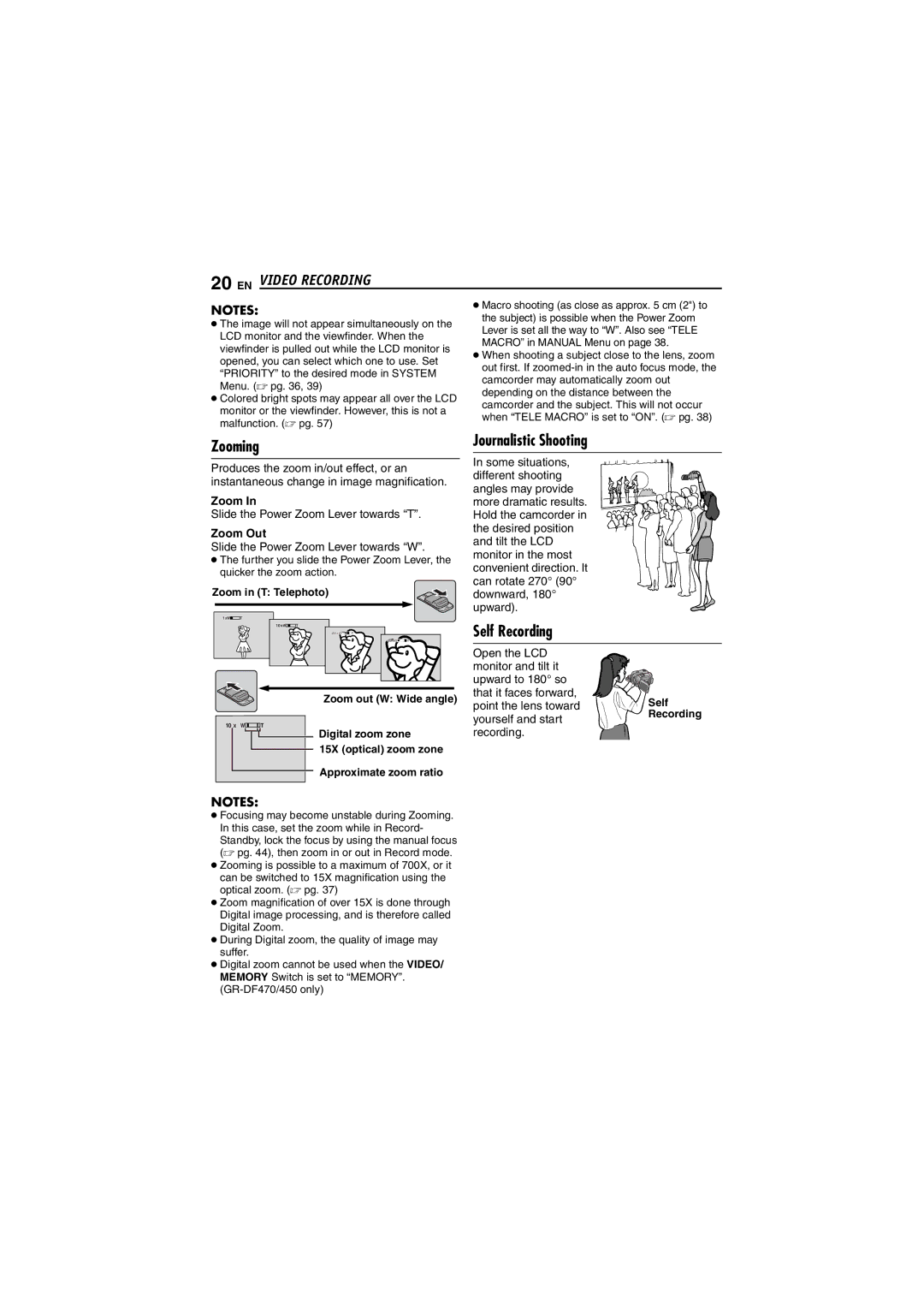 JVC GR-DF450 instruction manual Zooming, Journalistic Shooting, Self Recording, Zoom Out 