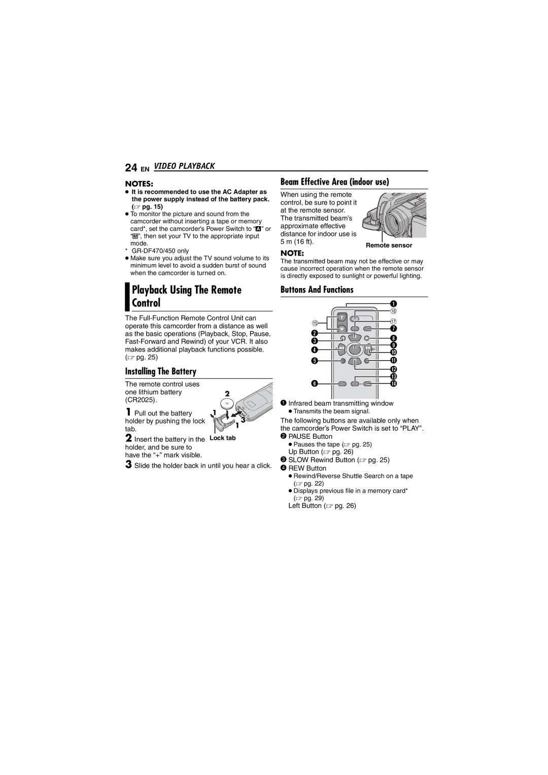 JVC GR-DF450 instruction manual Playback Using The Remote Control, Installing The Battery Buttons And Functions 