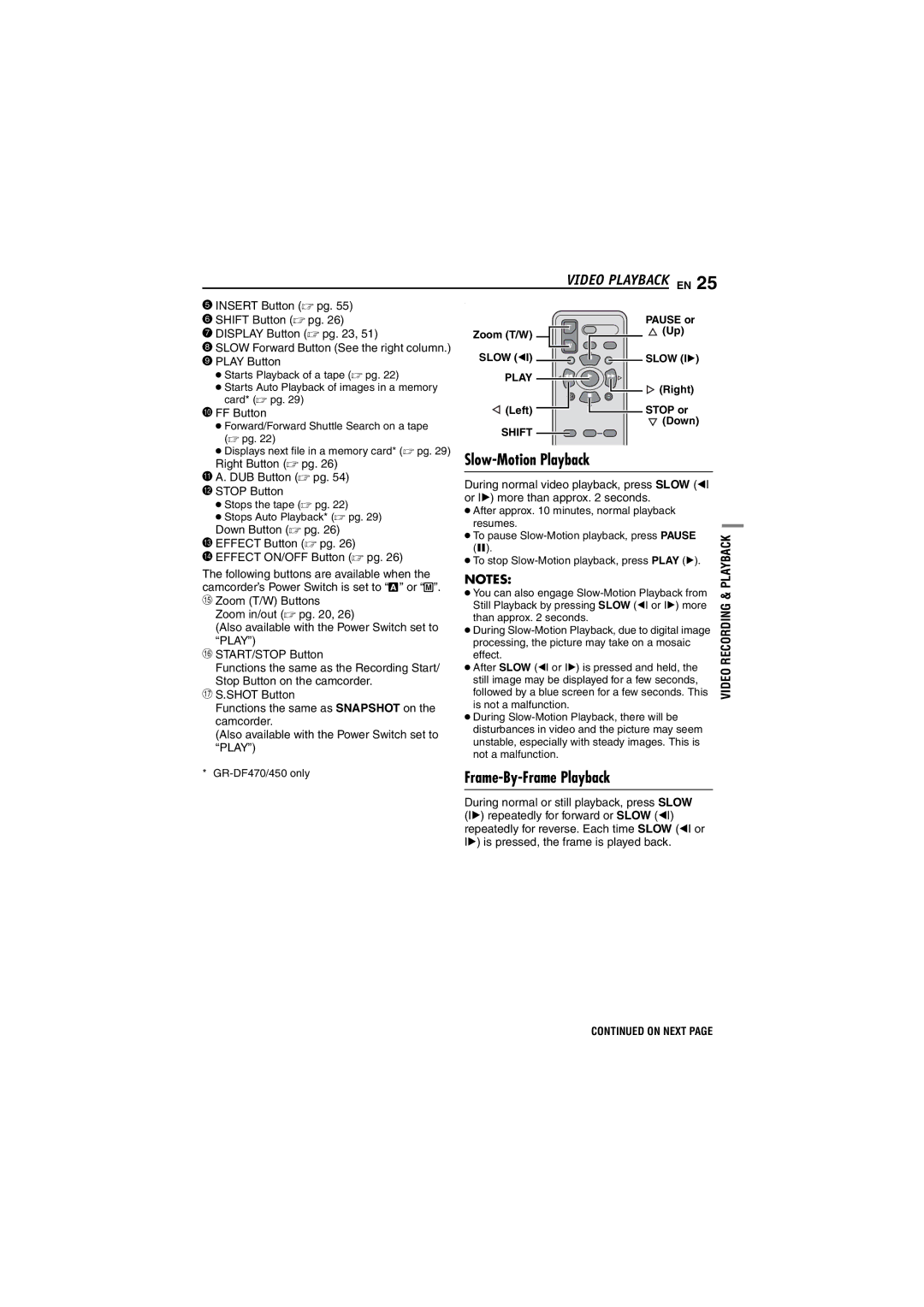 JVC GR-DF450 instruction manual Slow-Motion Playback, Frame-By-Frame Playback 