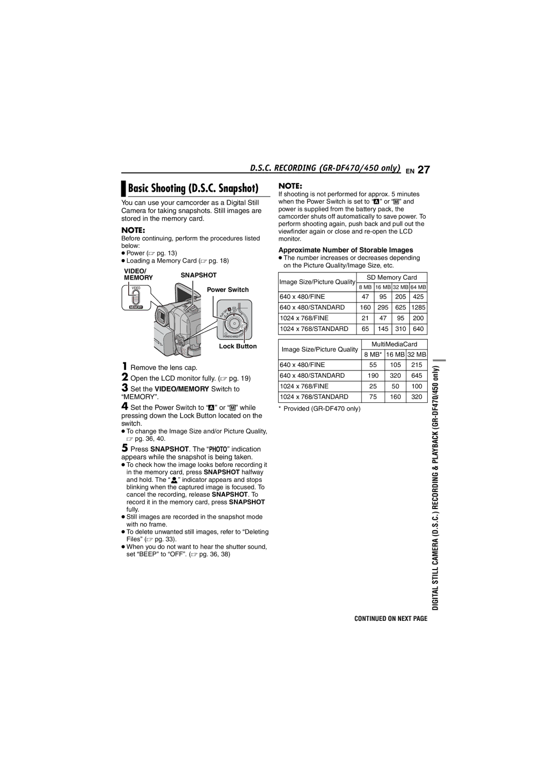 JVC GR-DF450 Basic Shooting D.S.C. Snapshot, Approximate Number of Storable Images, Power Switch Lock Button 