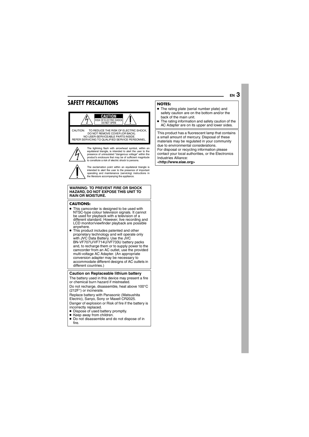 JVC GR-DF450 instruction manual Safety Precautions 