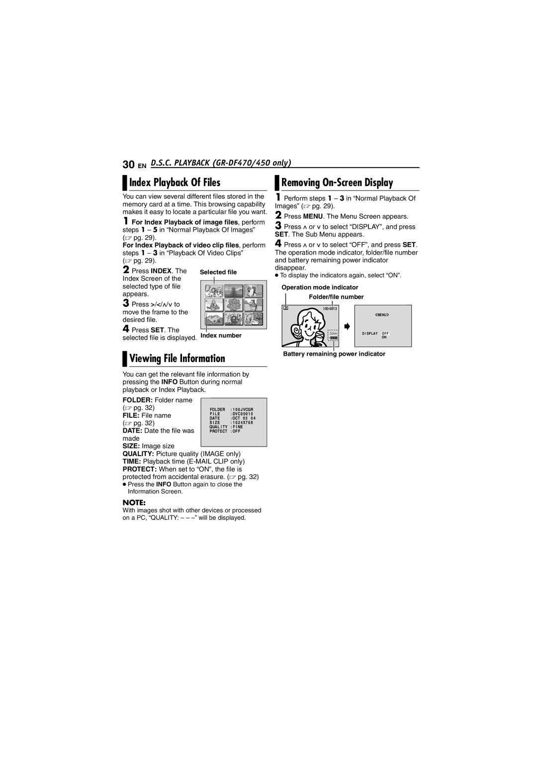 JVC GR-DF450 Index Playback Of Files, Viewing File Information, Steps 1 3 in Playback Of Video Clips  pg, Disappear 